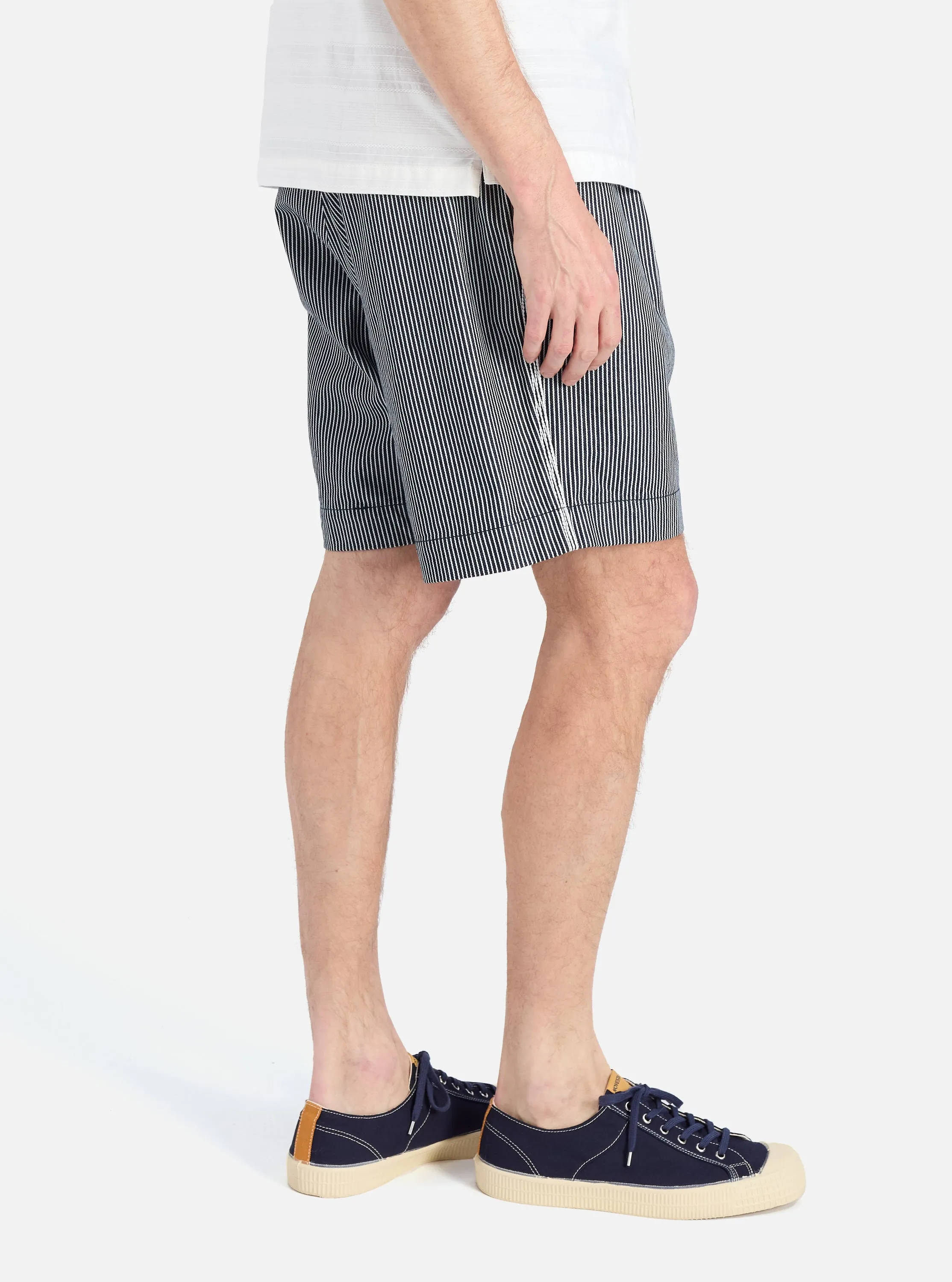 Lace trim On-The-Go Style Indigo Hickory Stripe Denim Pleated Track Short
