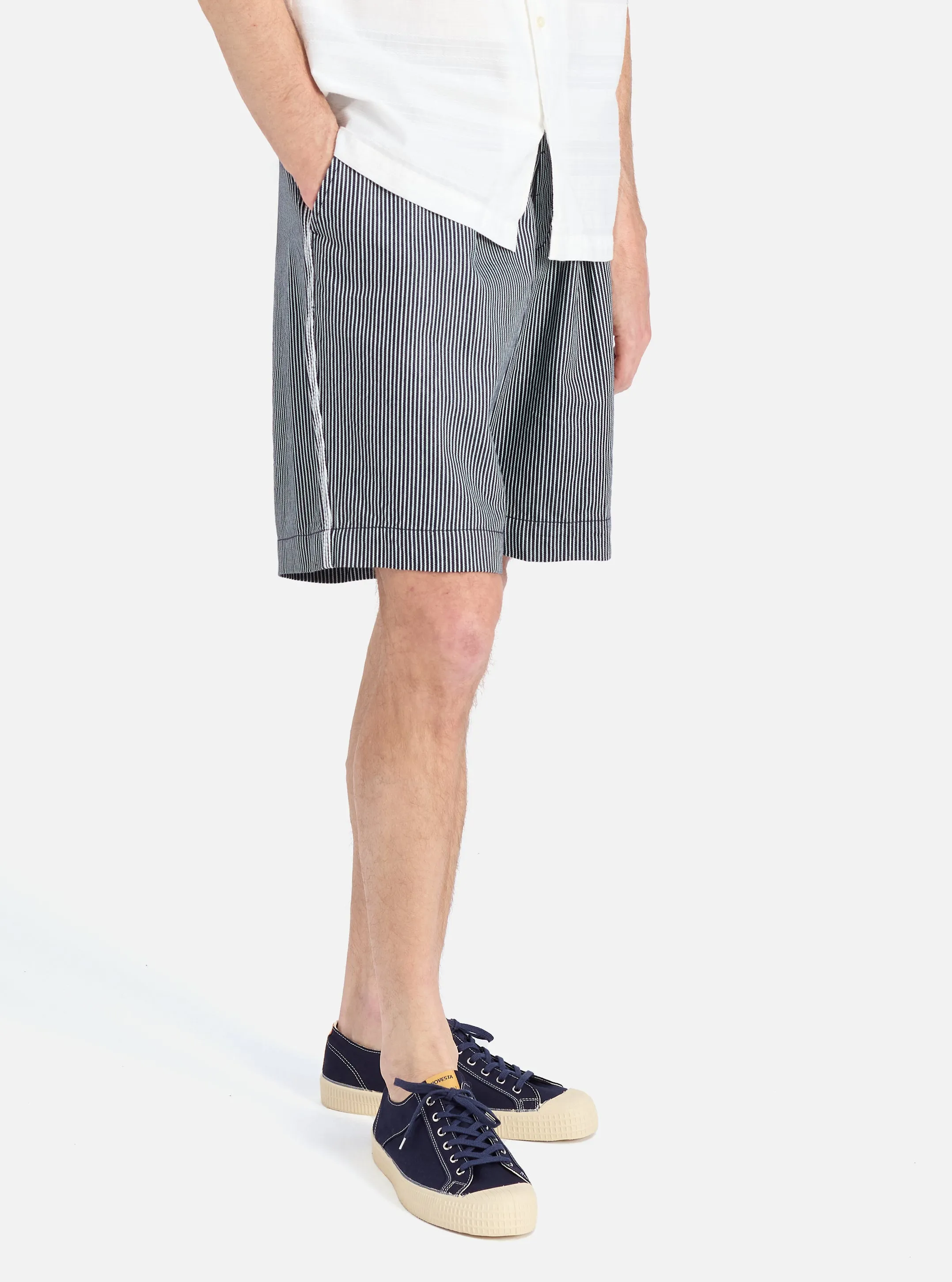 Indigo Hickory Stripe Denim Pleated Track Short Breathable Performance TearResistantBuild