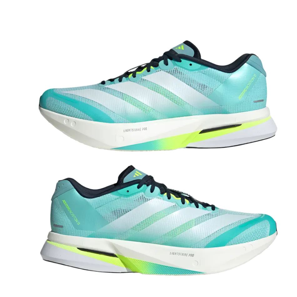 Adidas Men's Boston 13 Running Shoes in Flash Aqua/Cloud White/Lucid Lemon AW25 running in a dam area shoes Customizable Fit Technology