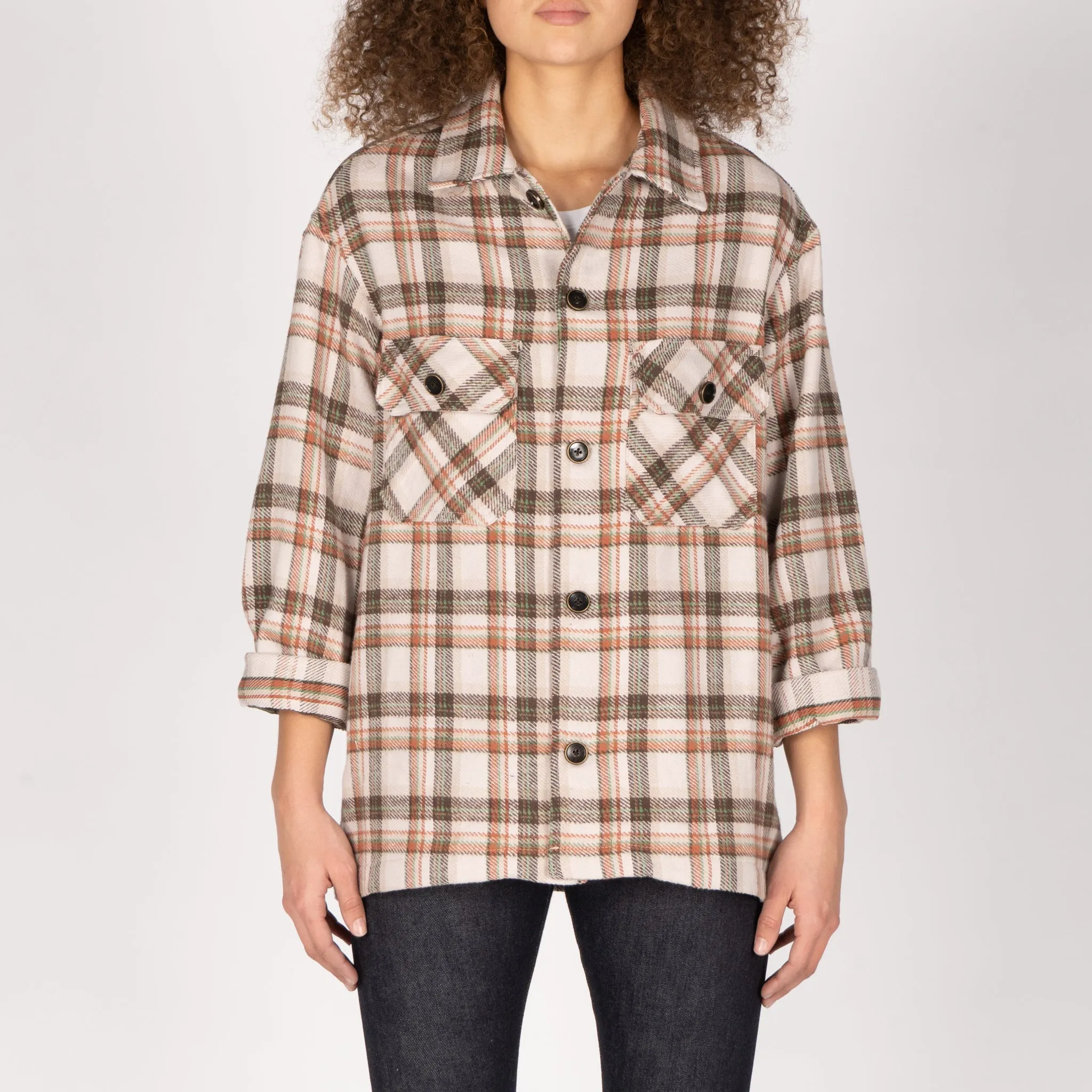Over Shirt - Triple Yarn Twill Check Brush - Beige Layered Hemline