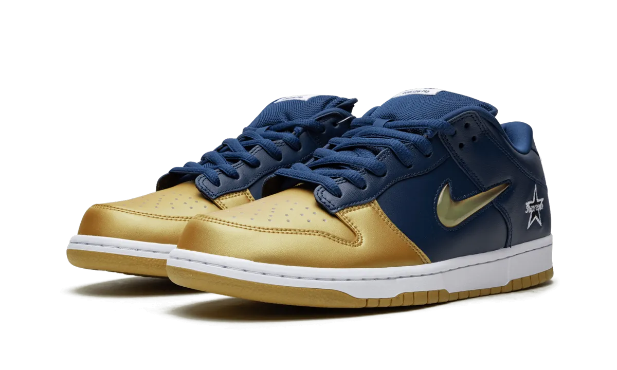 SB Dunk Low "Supreme - Jewel Swoosh Gold/Navy" Shock Guard Stable Heel