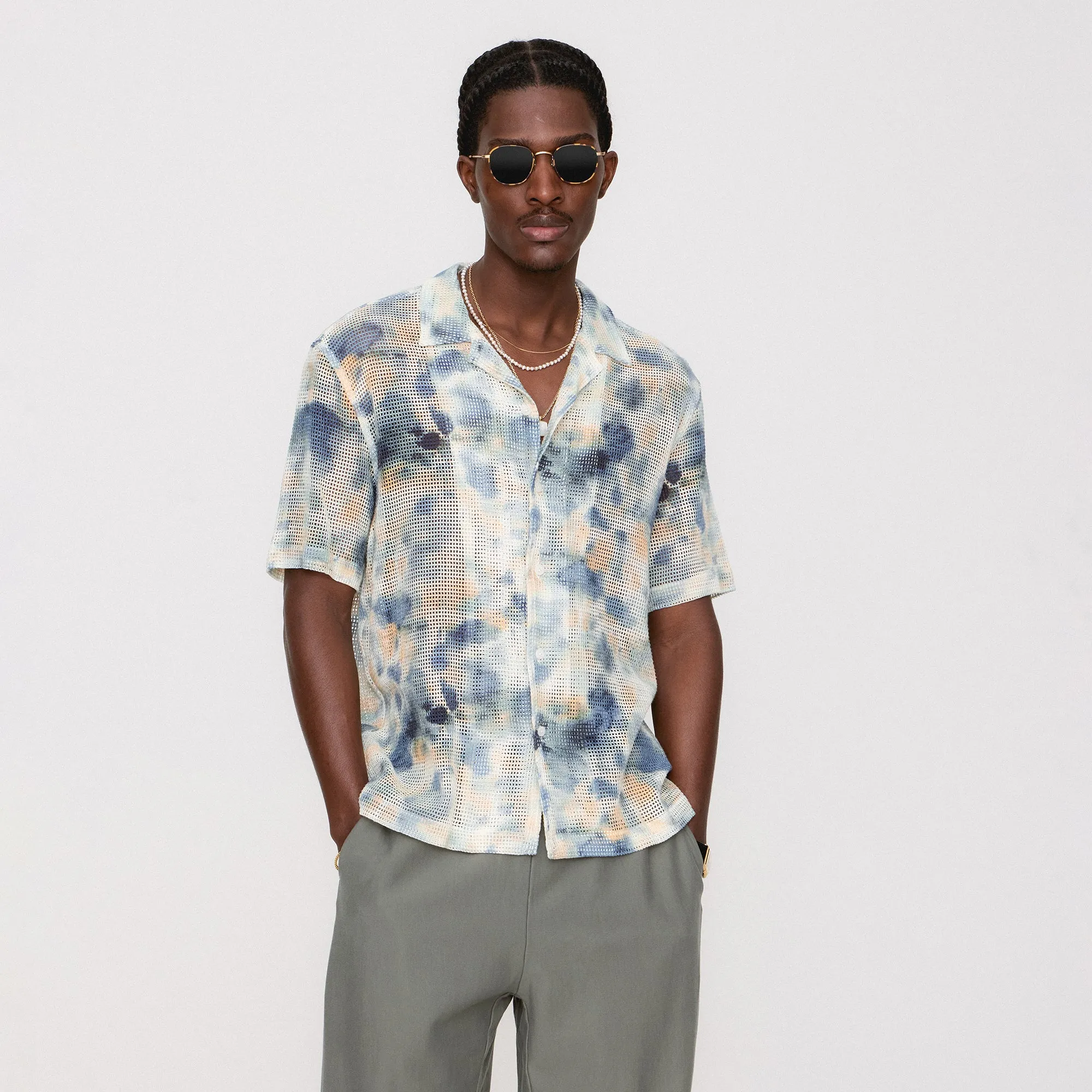 All Season Performance Weave Kith Cotton Mesh Thompson Camp Collar Shirt - Cyanotype