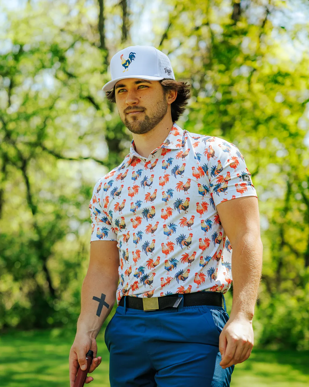 Relaxed Silhouette Lightweight Wear Cocky Rooster Men's Polo - White