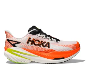 Men's HOKA  Mach X 3 Running Shoe in White | Neon Tangerine Stability Pod Configuration Enhanced Stability Control