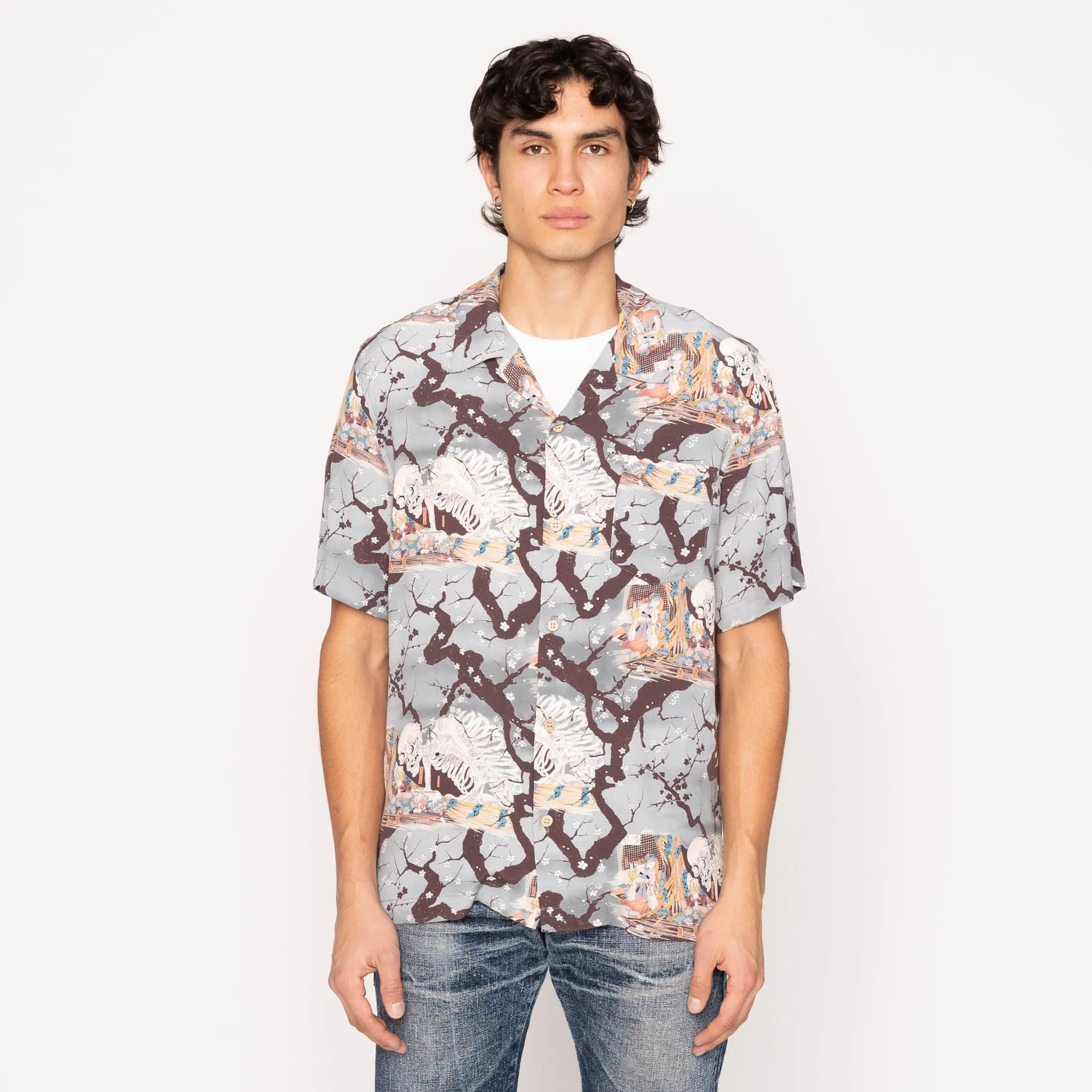 Standalone Option Camouflage Style Aloha Shirt -  Skeletons  -  Pale  Blue