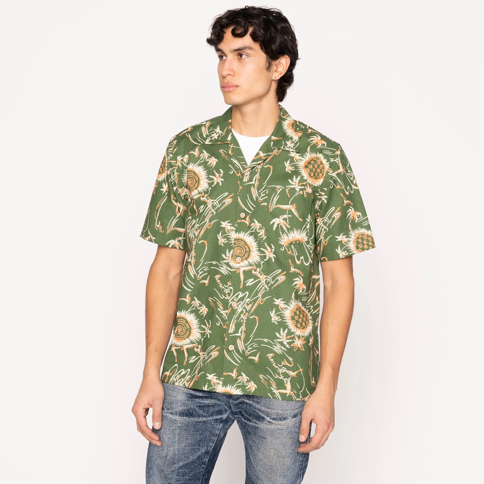 Aloha Shirt  -  Waikiki  Waves  -  Green Cool Comfort No Slip Shoulder Grip
