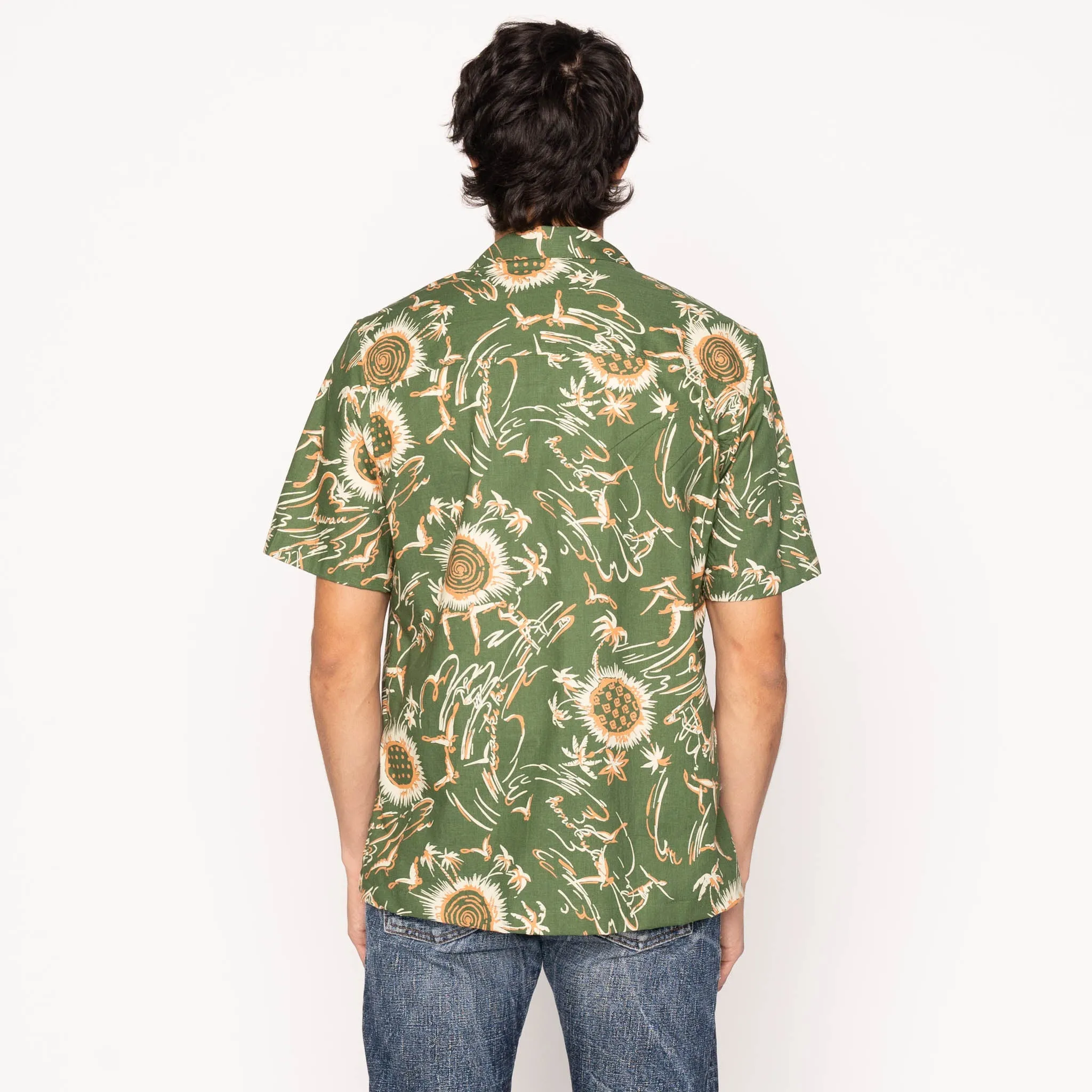 Aloha Shirt  -  Waikiki  Waves  -  Green Two Tone Stitching Low Profile Pocket Design