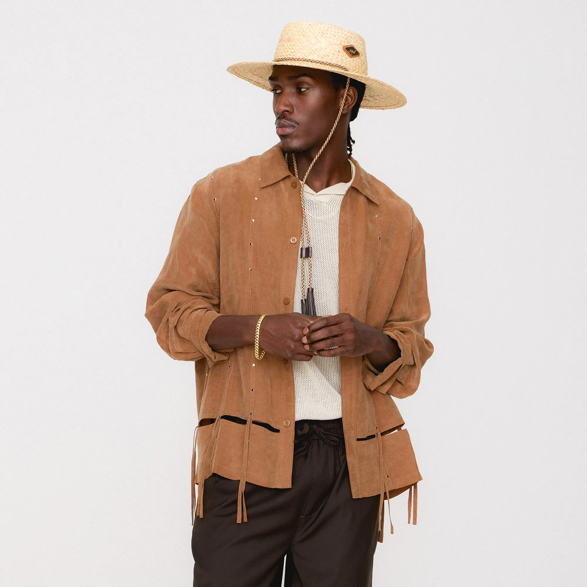 Reinforced Shoulder Padding &Kin Ribbon Long Sleeve Boxy Collared Overshirt - Modsy