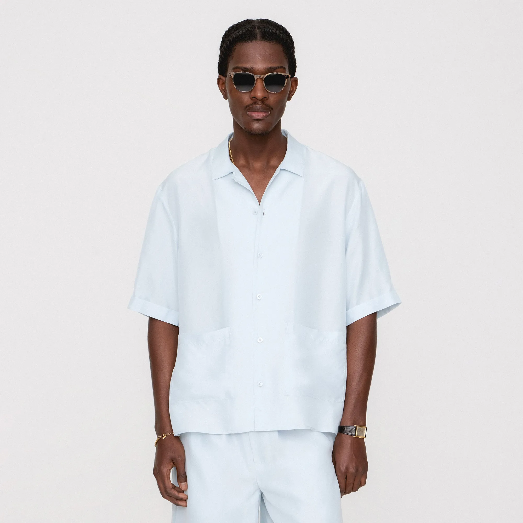 Hidden Zipper &Kin Silk Habotai Short Sleeve Reade Shirt -  Light Indigo