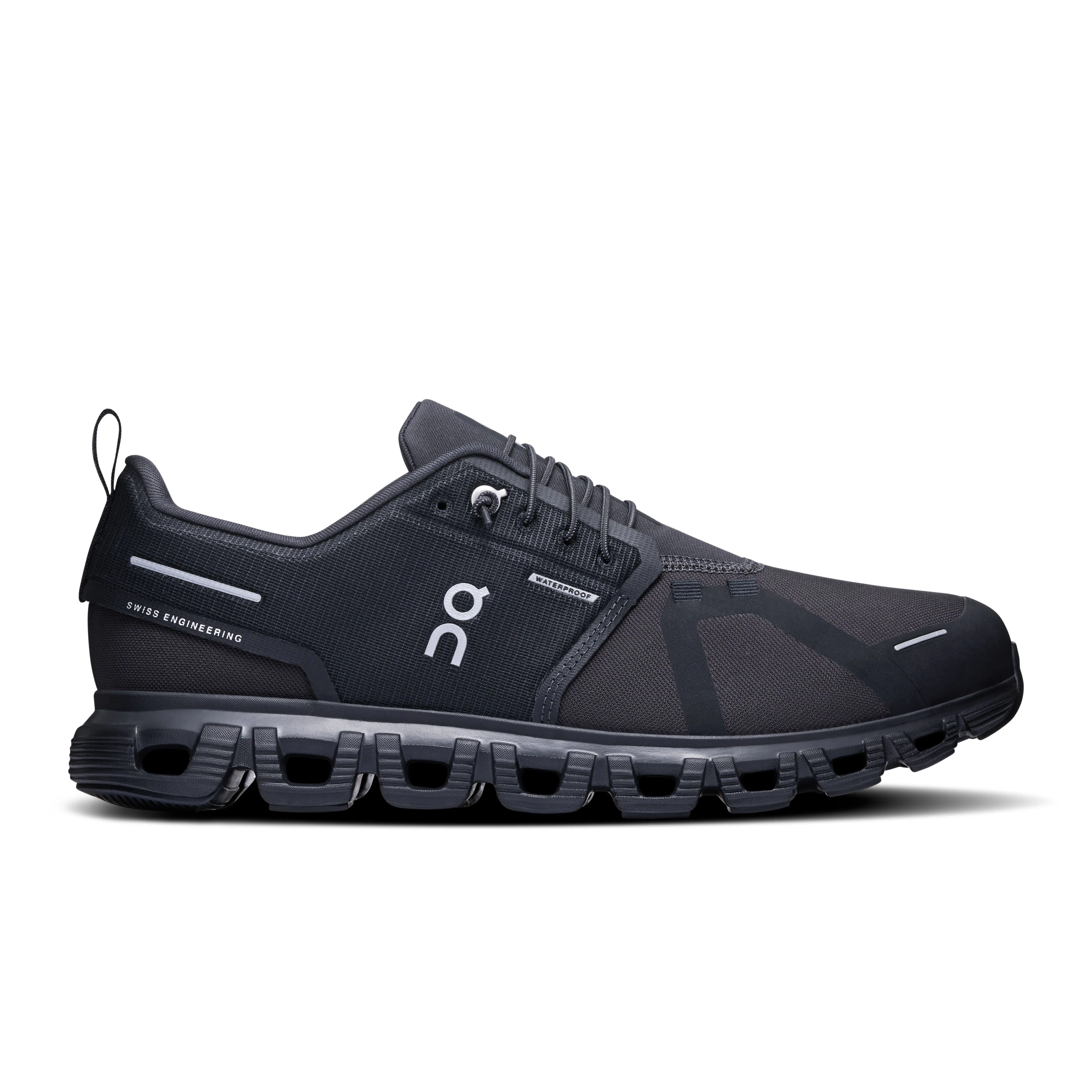 Men's On Cloud 6 Waterproof Shoe in Black | Black running in hilly terrain shoes Achilles Protector