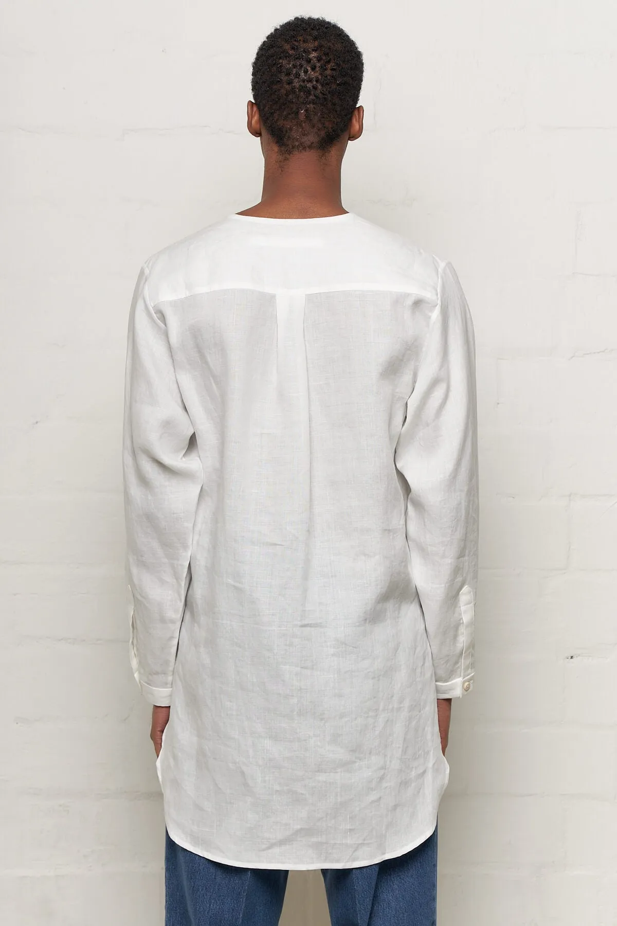 Collarless Dress Shirt Ramie V-neck style