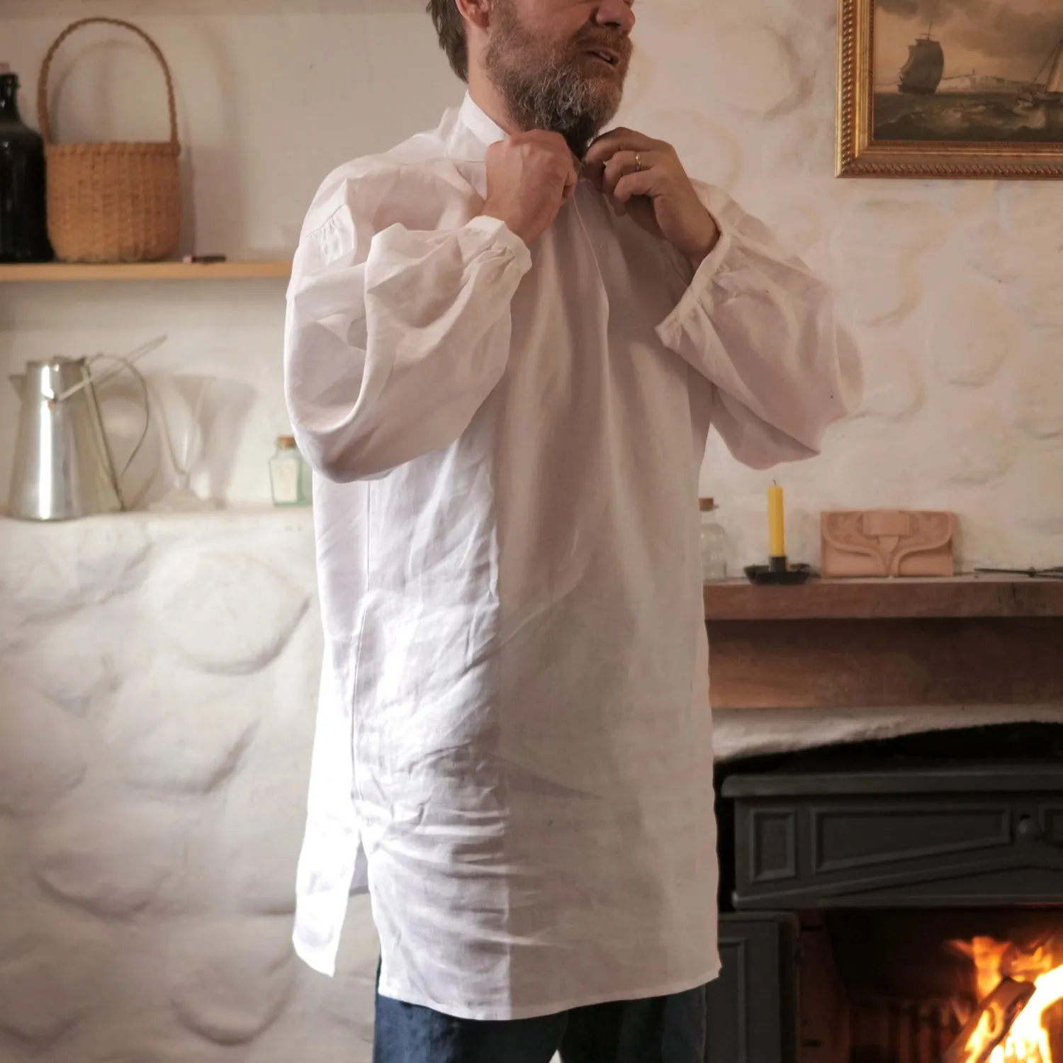 Banded Collar Shirt in Linen High-End Finish