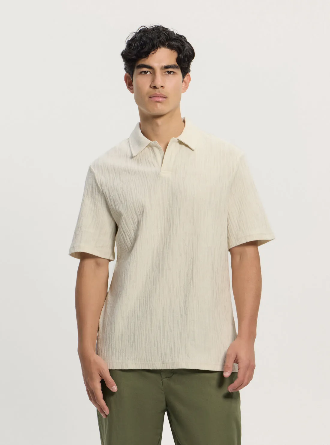 Beige Loose Fit Knitted Polo Shirt Wrinkle-Free Eco Dye Technique