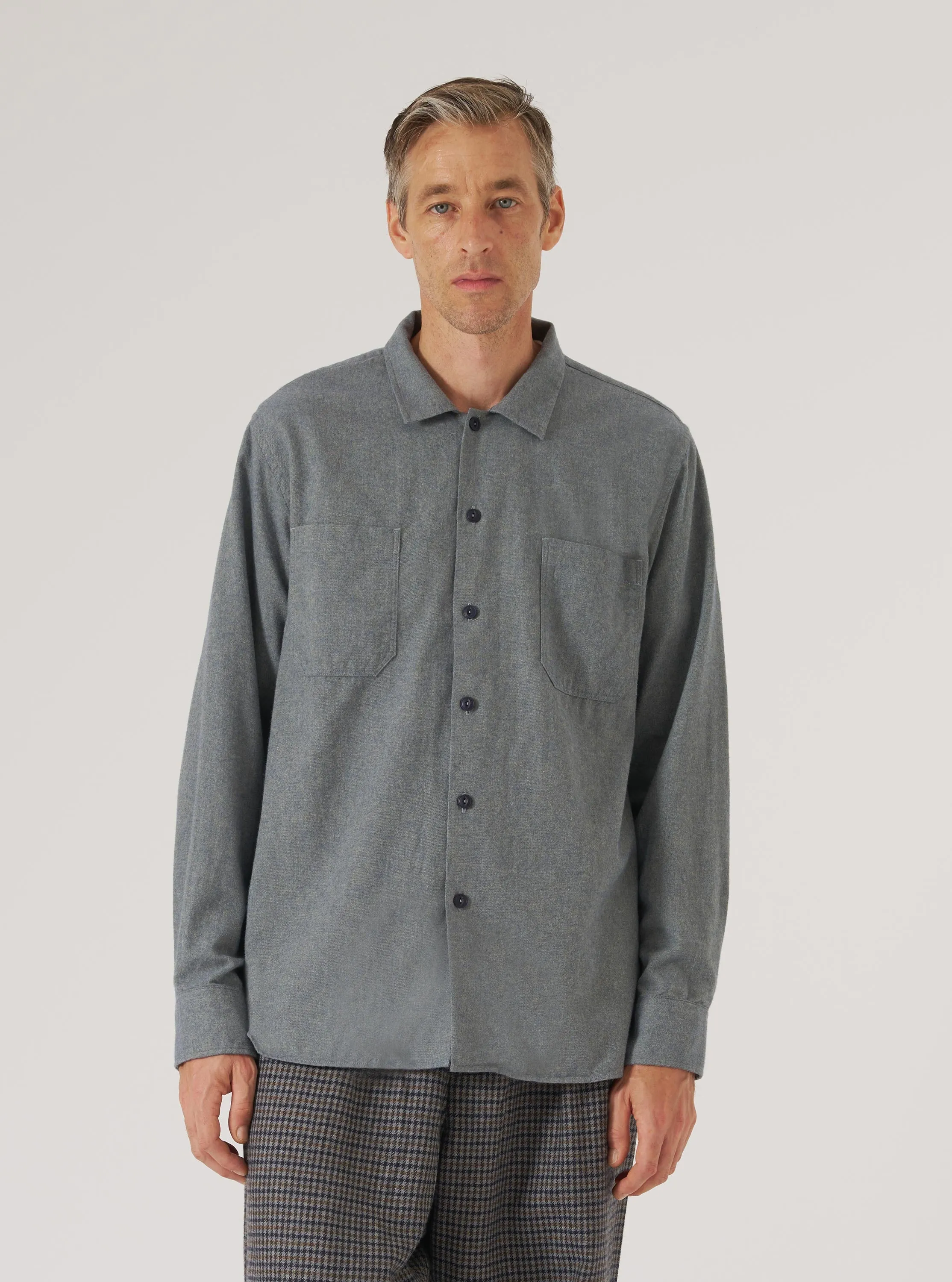 High Neck Navy Brushed Flannel Work Shirt