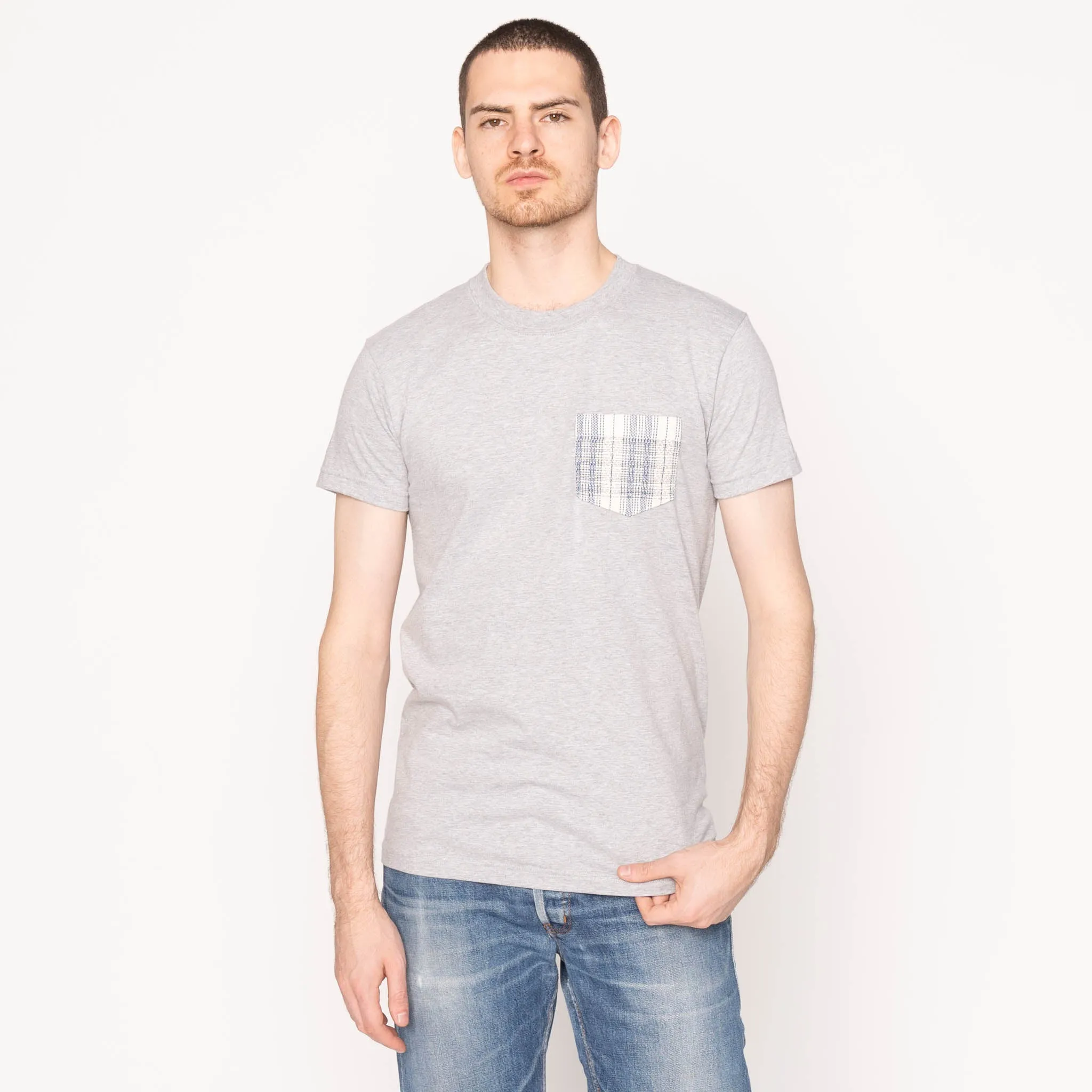Pocket Tee - Heather Grey - Asagi Sashiko - White Thermoregulating Fabric UV protection layer