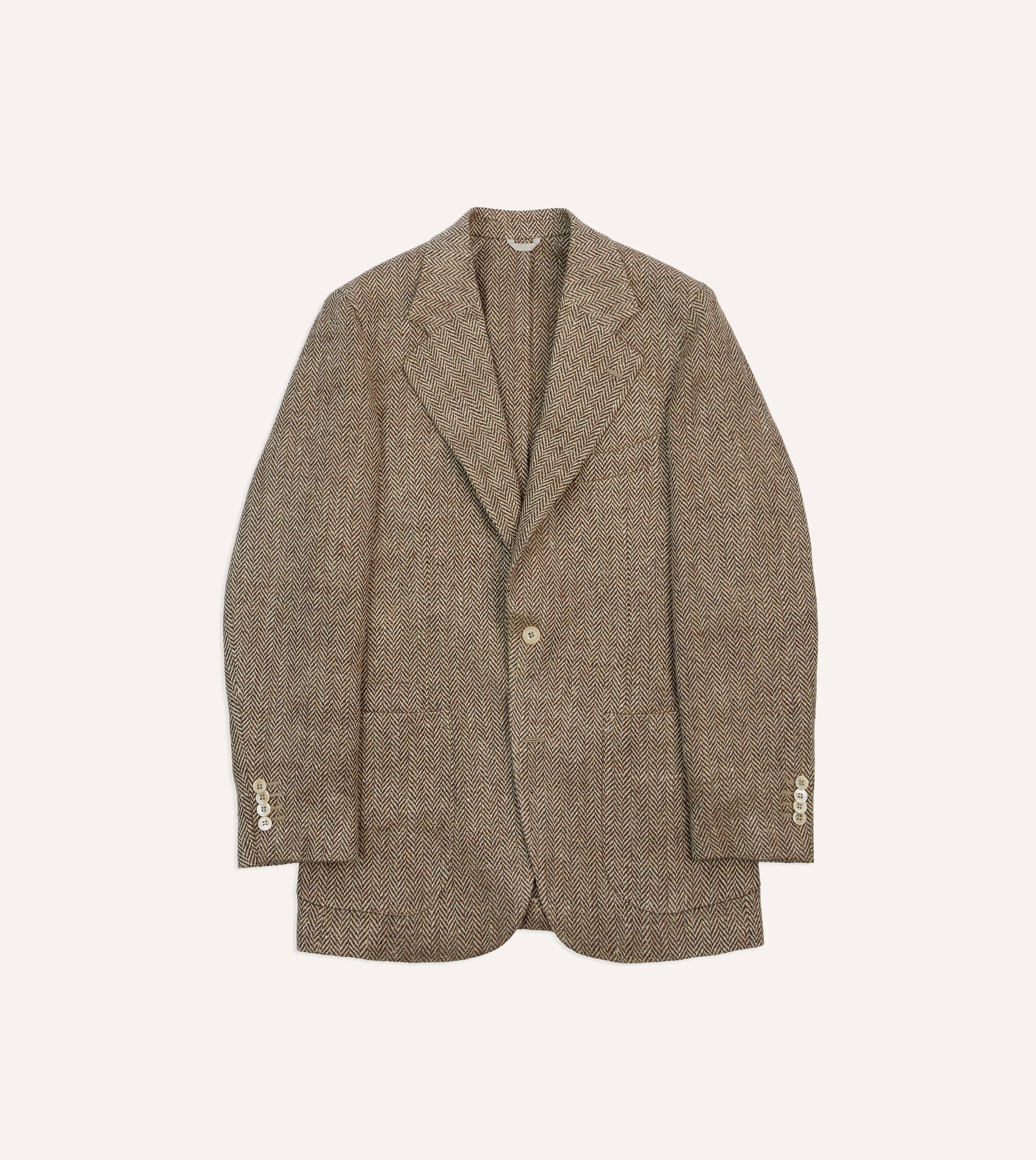 Brown Herringbone Linen-Silk Blazer Adaptive Tension Bands