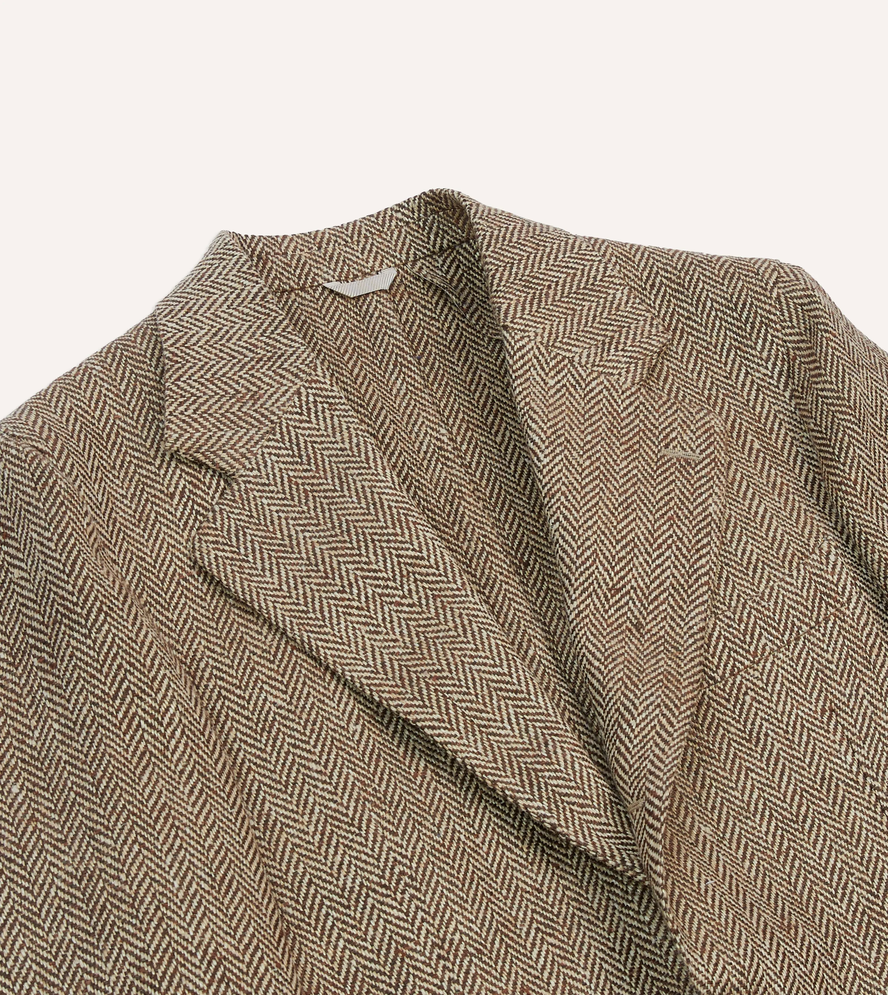 Brown Herringbone Linen-Silk Blazer High Collar Windguard Hidden Storage Compartments