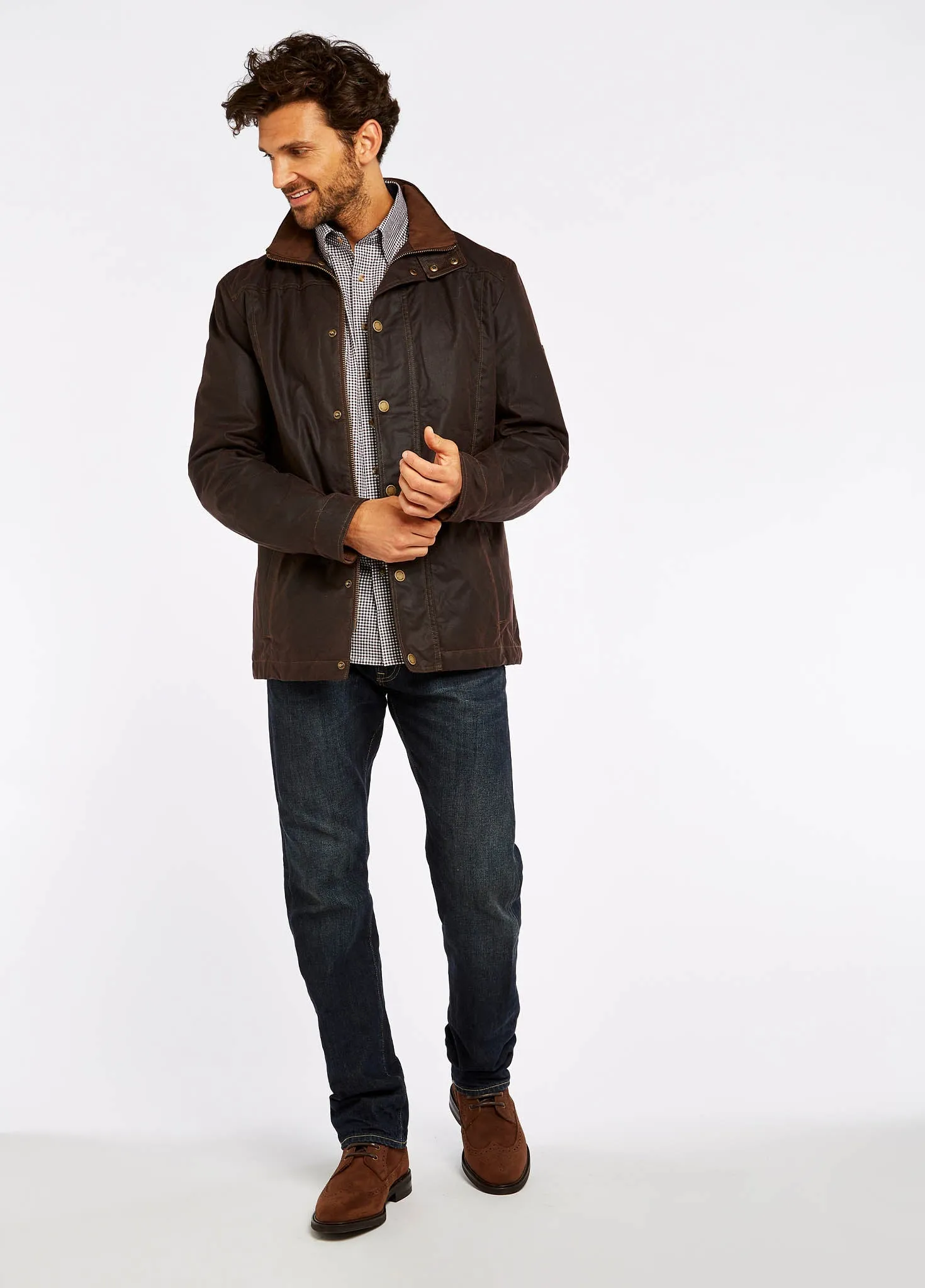 Carrickfergus Men's Waxed Cotton Jacket - Java Reflective Safety Accents Seamless Design