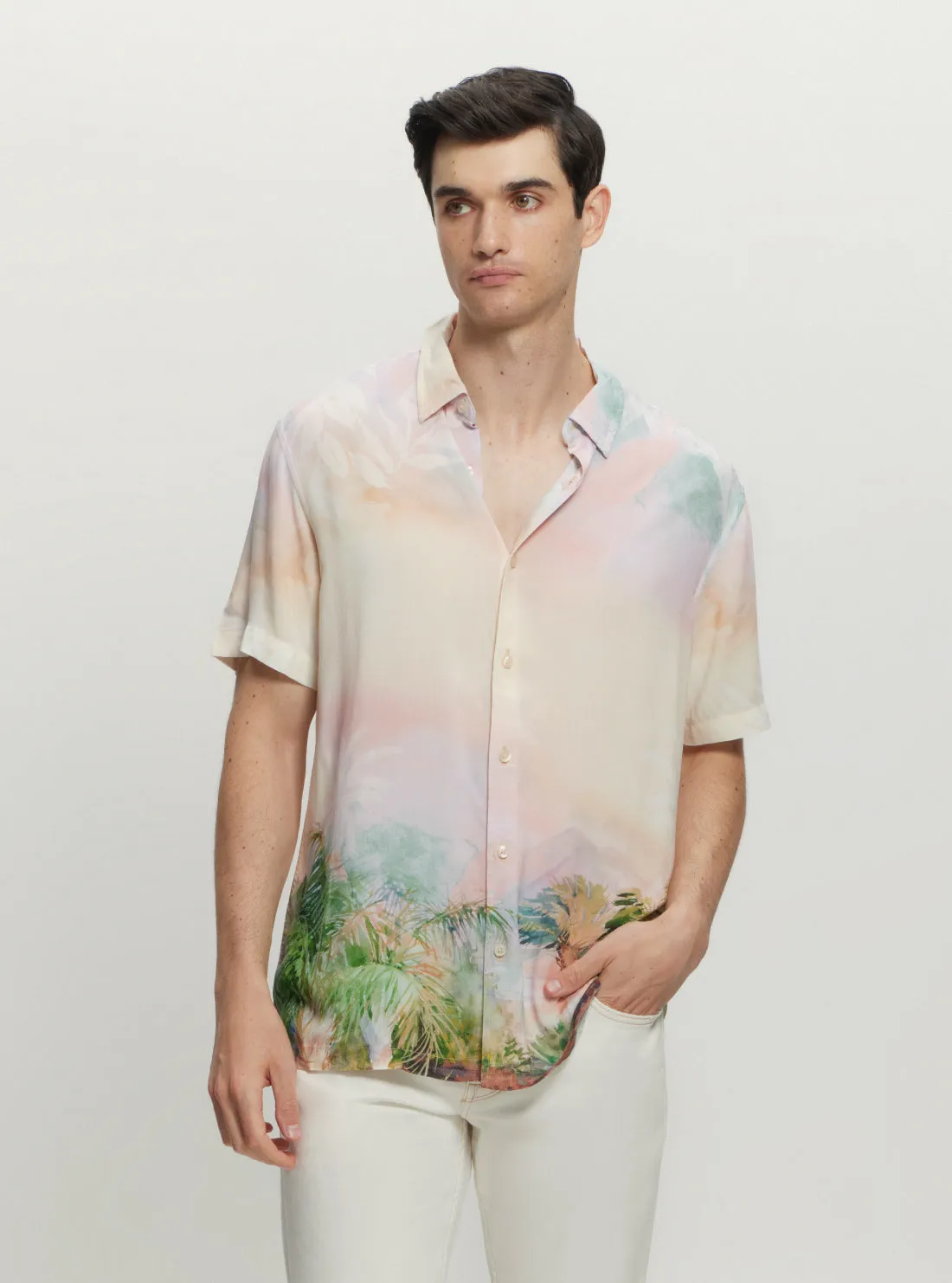 Edgy Fashion Athletic Cut Eco Palm Print Shirt