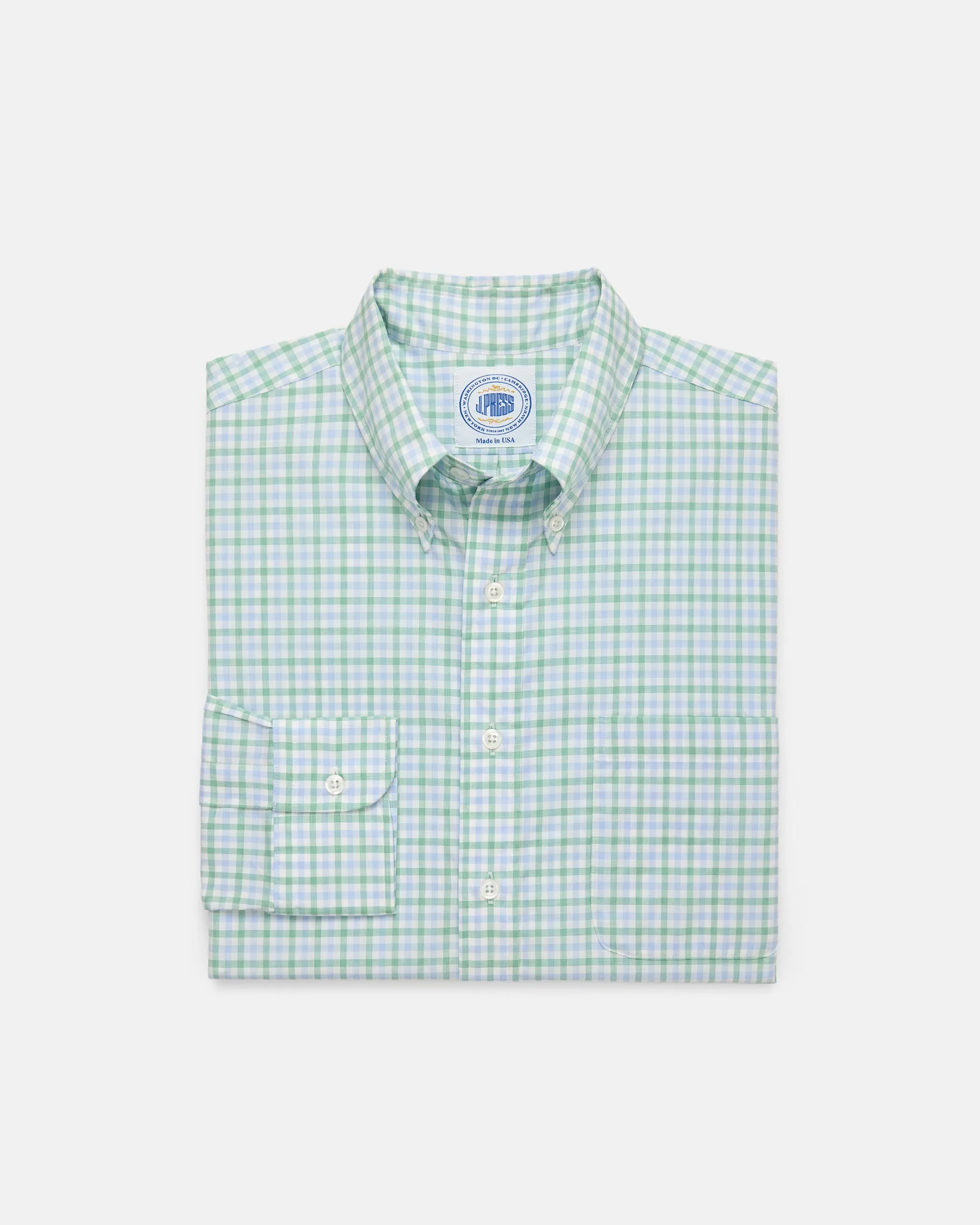 Made-in-USA Thomas Mason Blue and Green Tattersall Button Down Shirt - Regular Fit Casual Sophistication