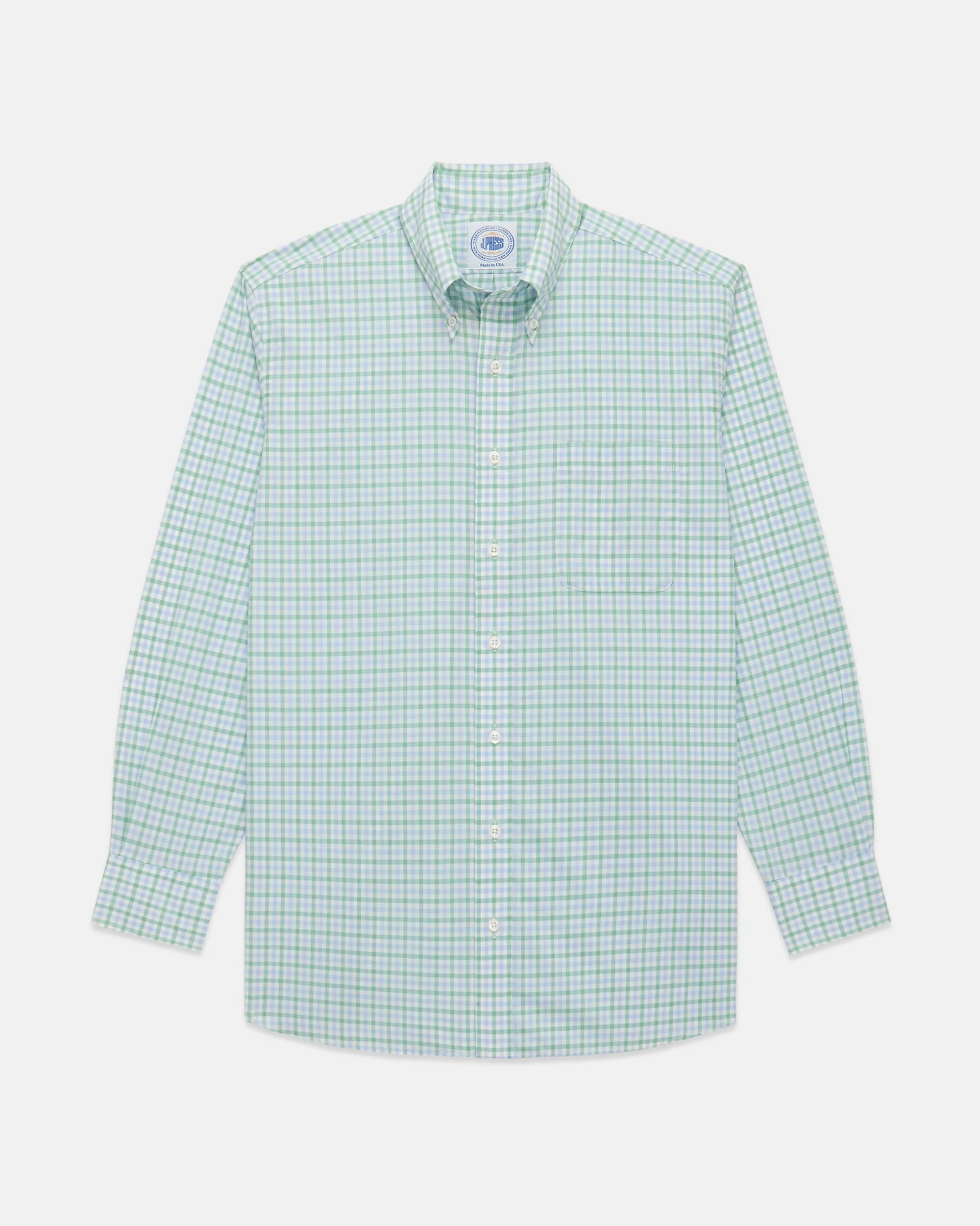 Made-in-USA Thomas Mason Blue and Green Tattersall Button Down Shirt - Regular Fit Multi Layer Stitching