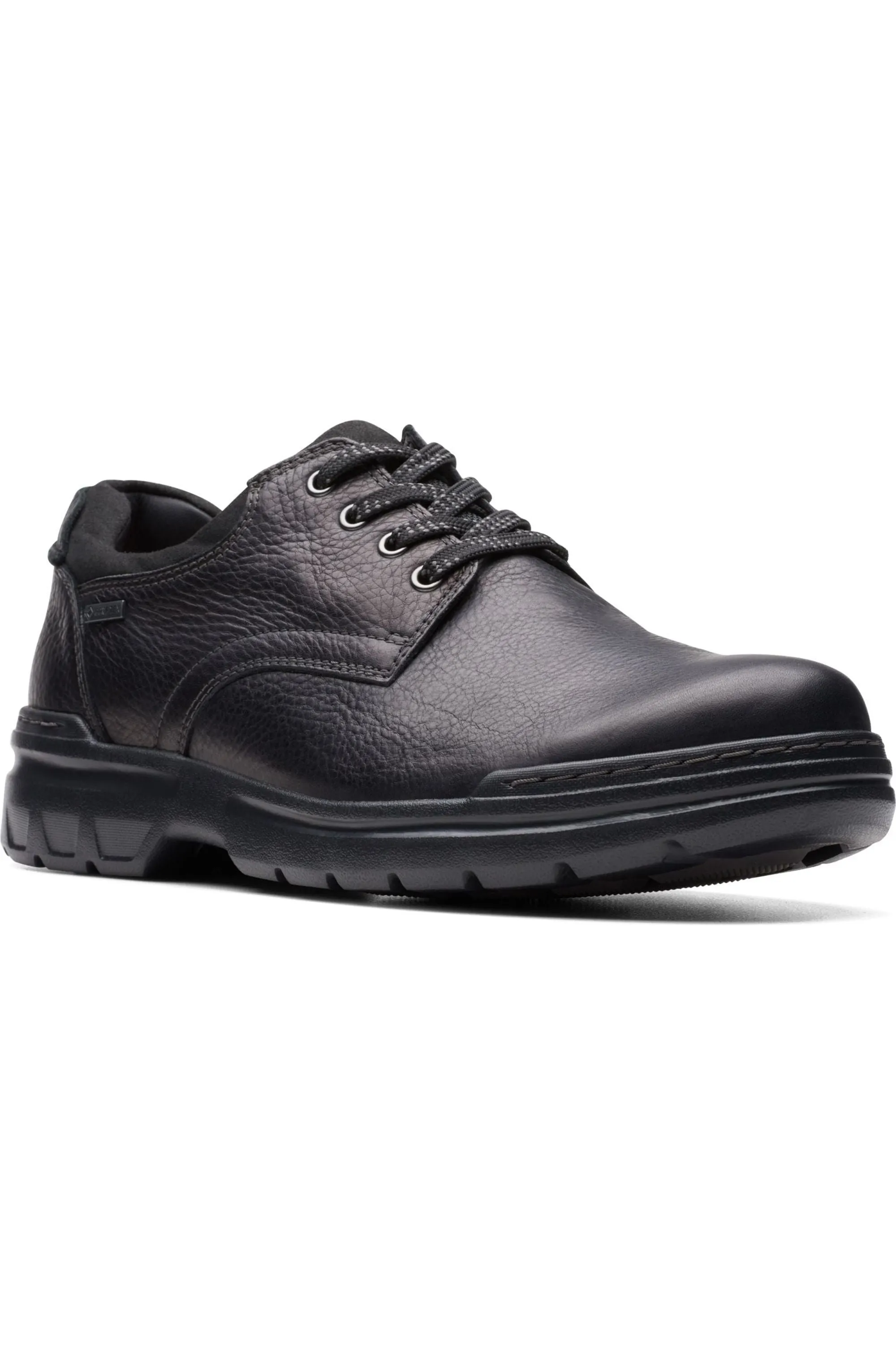 Grippy Outsole Rainy Day Commuter Clarks Rockie WalkGTX waterproof shoe in black leather Extra Wide H fit
