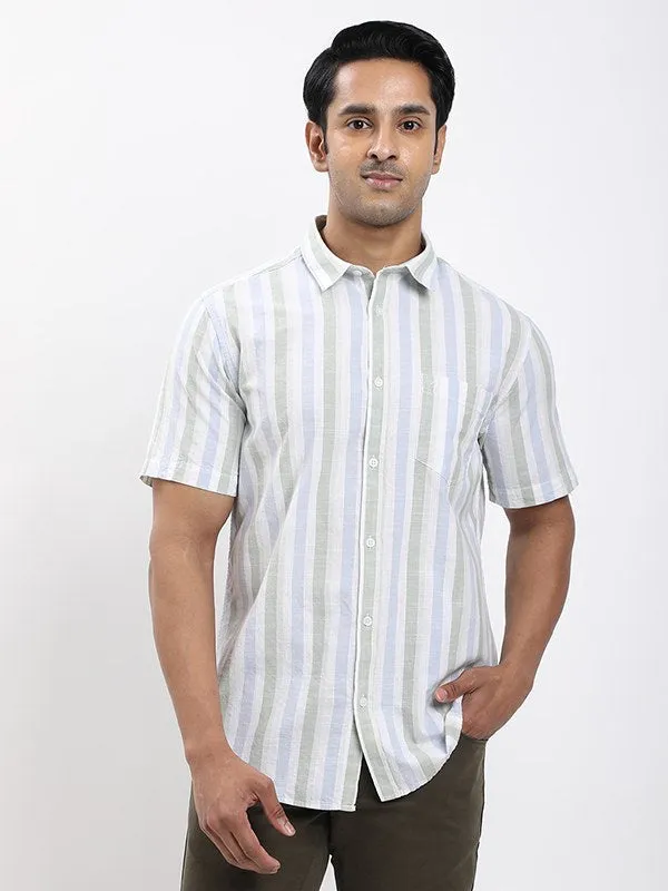 Men Striped Half Sleeve Cotton Shirt Moisture Management Tech Fashion Comfort