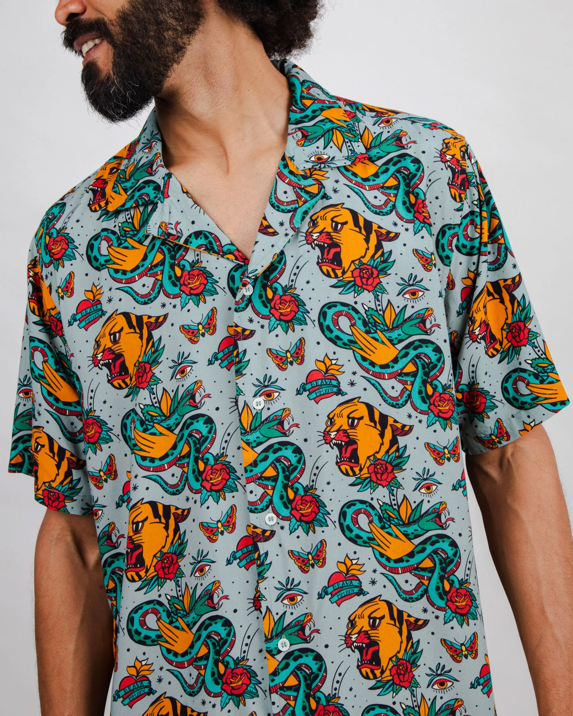 Old School Tattoo Aloha Shirt Mist Hiking Gear Layered Design