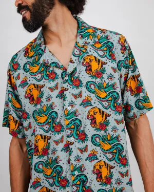 Old School Tattoo Aloha Shirt Mist Hiking Gear Layered Design