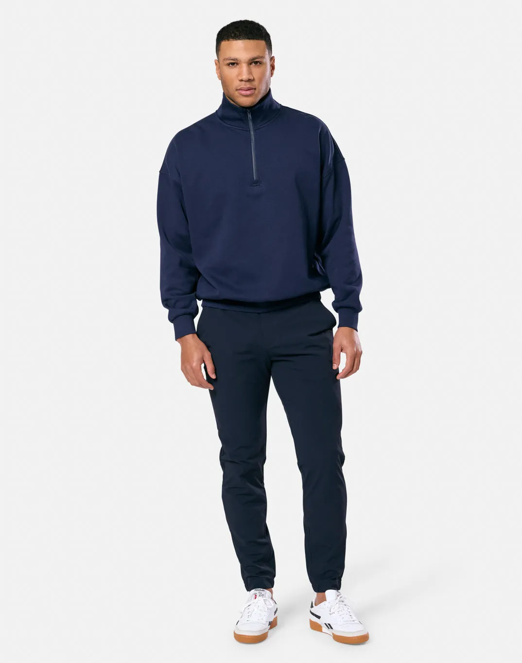 Clubhouse Funnel Neck Zip in Twilight Navy Relaxed Apparel product yoga friendly flexibility