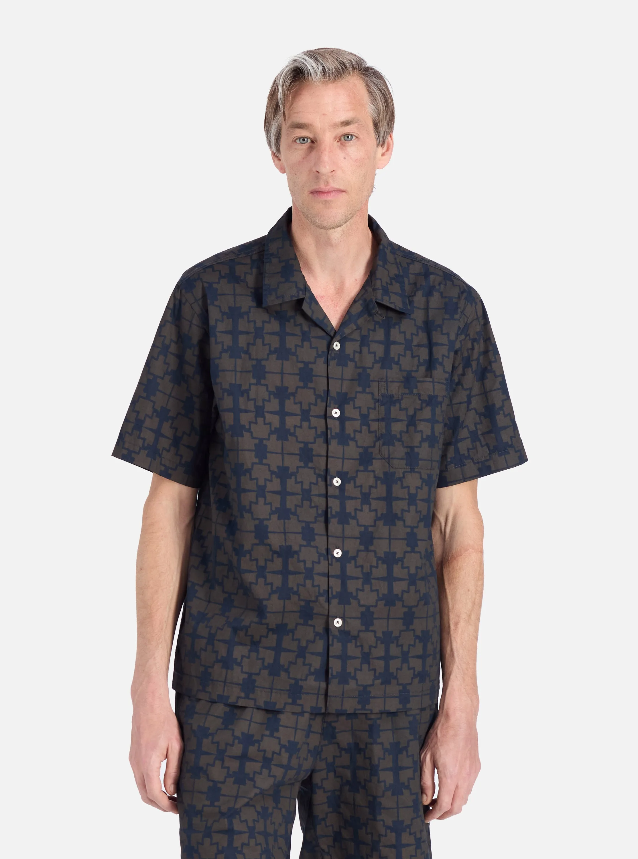 Navy Mitla Print Cotton Road Shirt No Slip Shoulder Grips