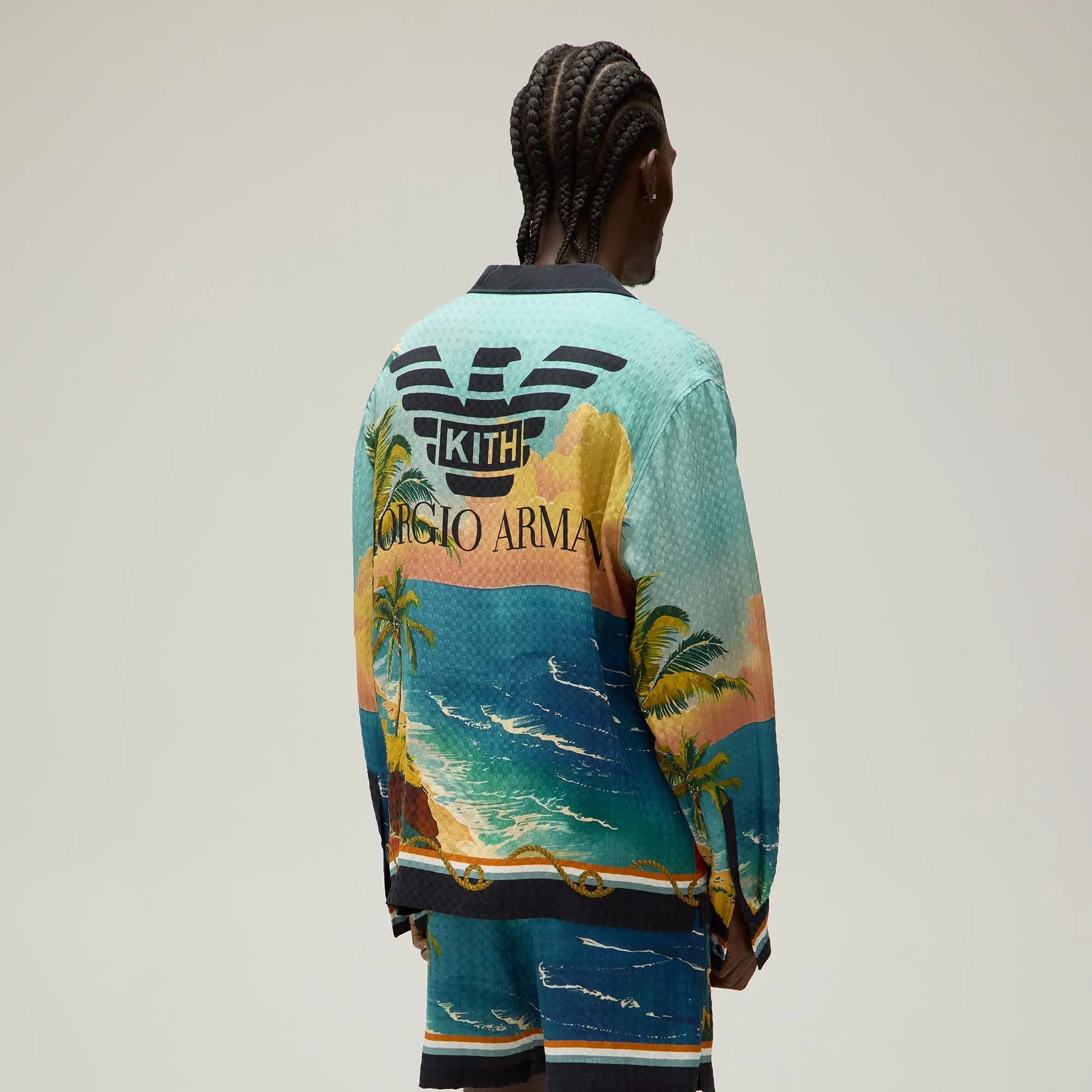 Cotton Twill Compression Fit Design Giorgio Armani & Kith Ornamental Print Long Sleeve Thompson Camp Collar Shirt - Multi