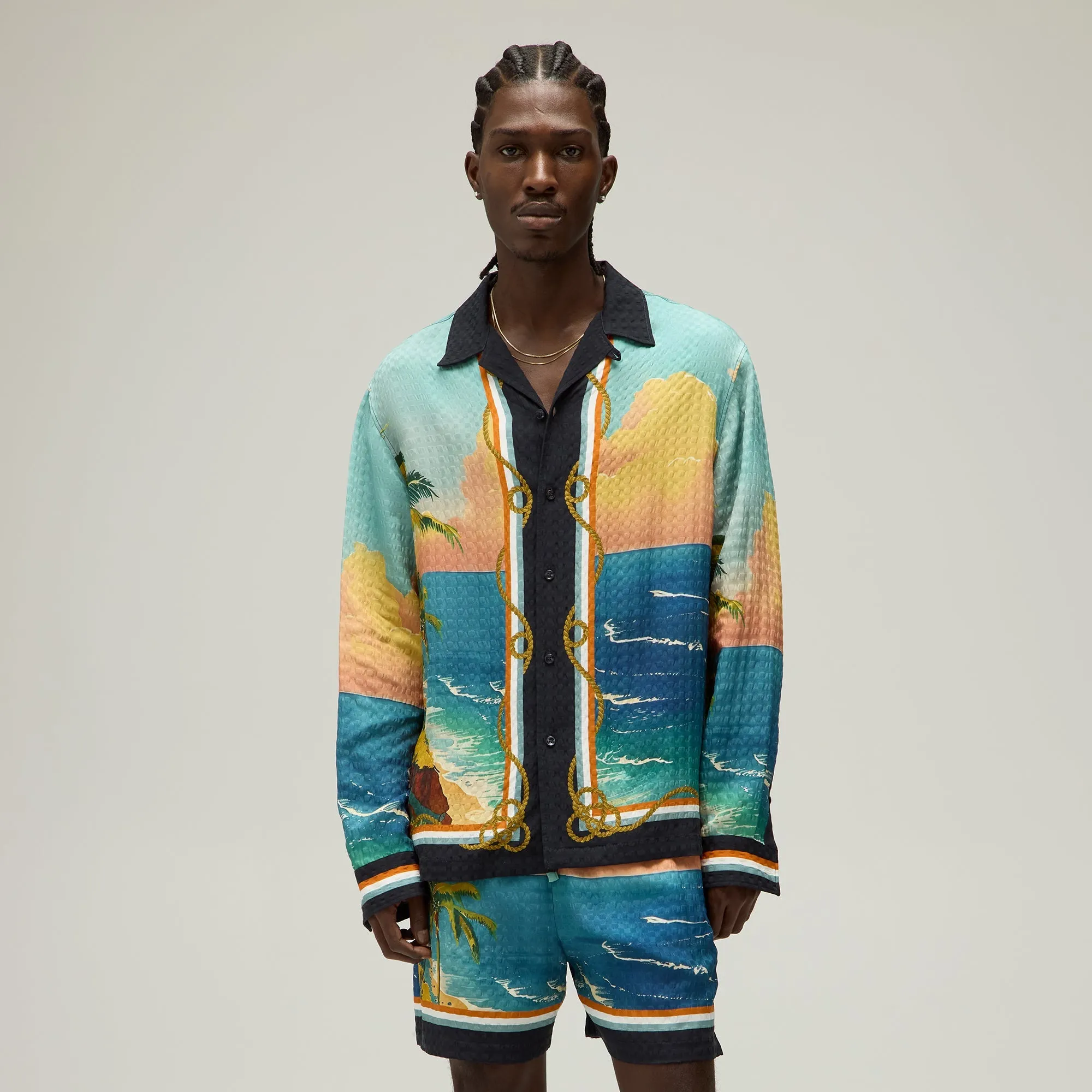 Giorgio Armani & Kith Ornamental Print Long Sleeve Thompson Camp Collar Shirt - Multi Smooth Zipper Glides Crisp Clean Fit