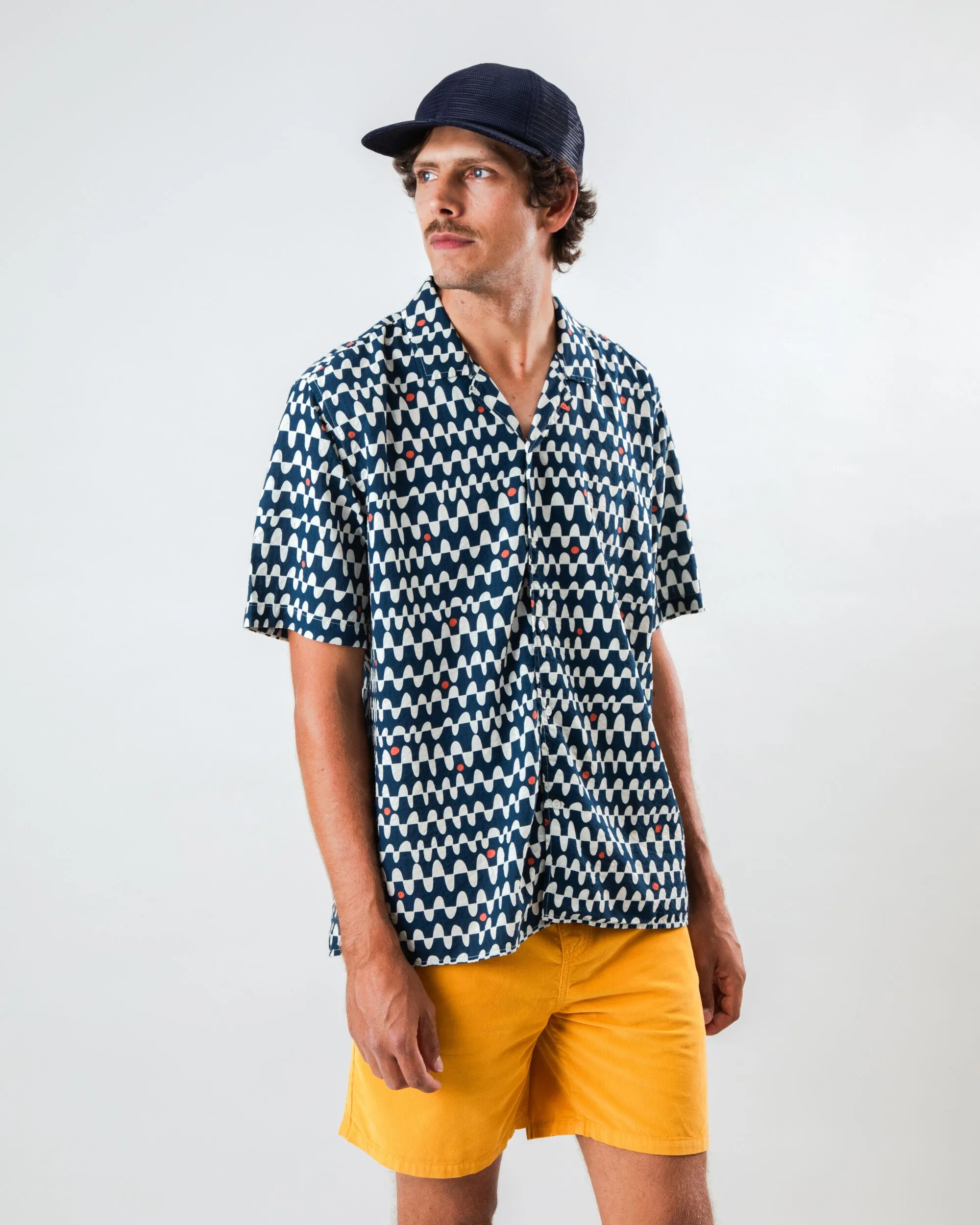 Roomy Cut Fashionable Layer Sunset Aloha Shirt Navy