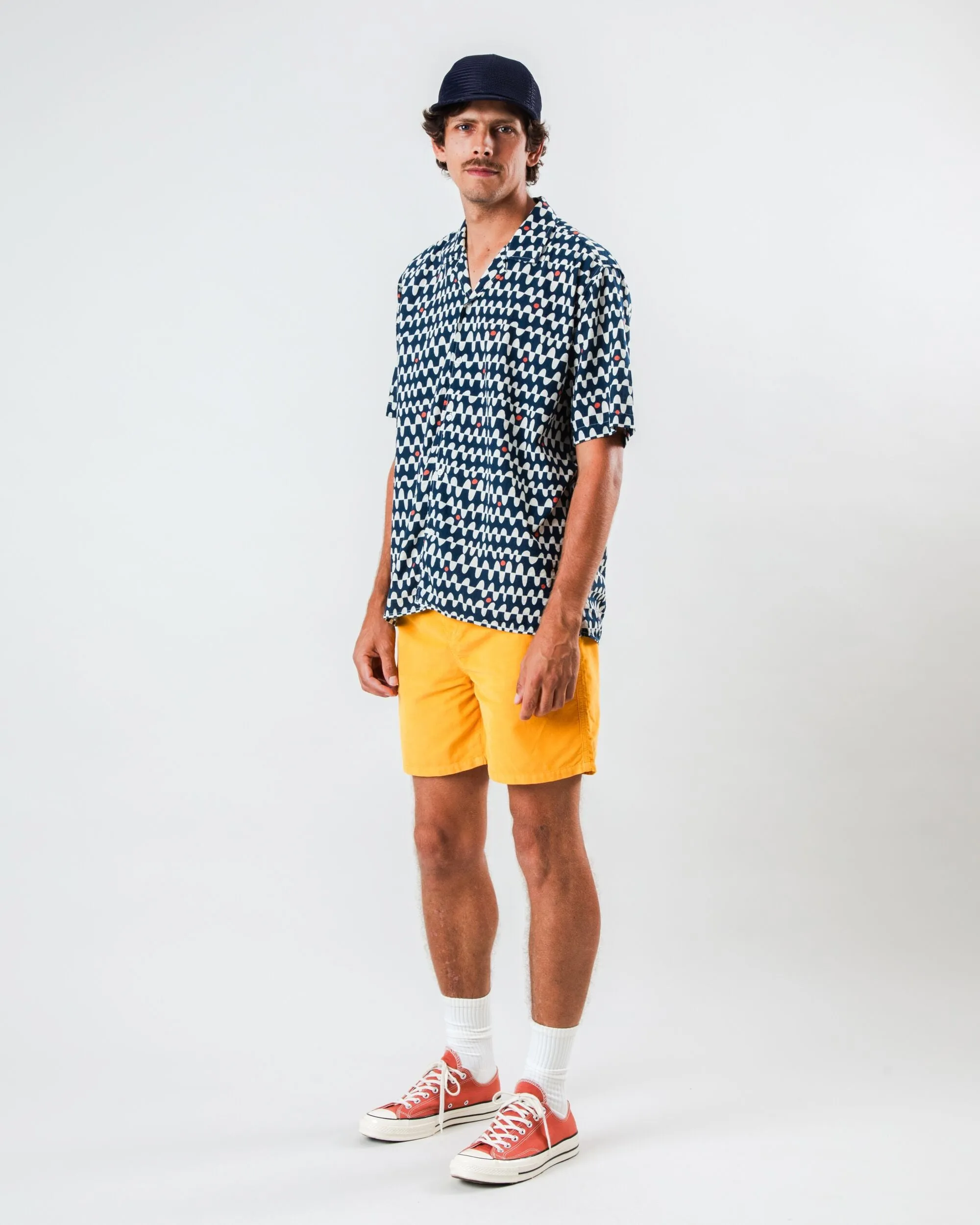 Sunset Aloha Shirt Navy Adjustable Cuffs Plaid Design