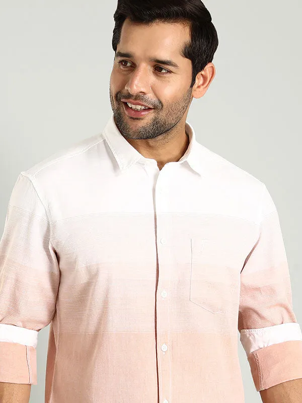 Hidden Button Placket Men Striped Full Sleeve Cotton Shirt