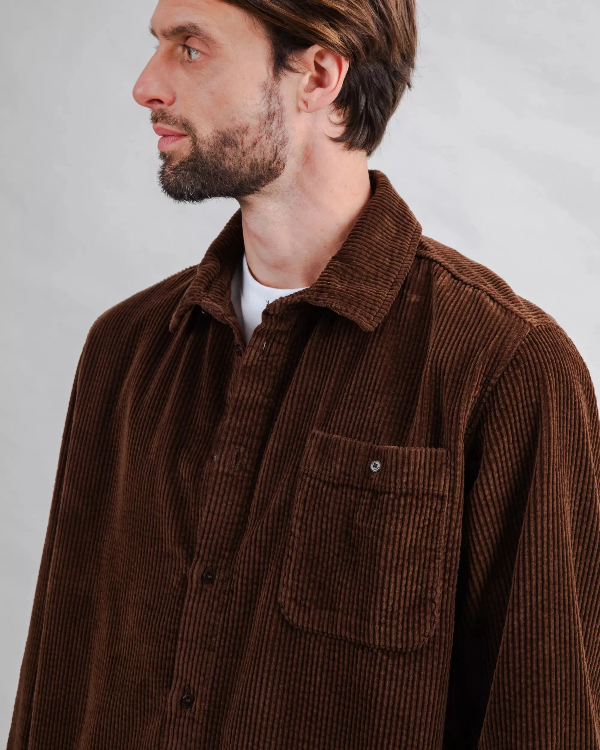 Dressy look Hidden Placket Corduroy Overshirt Chocolate