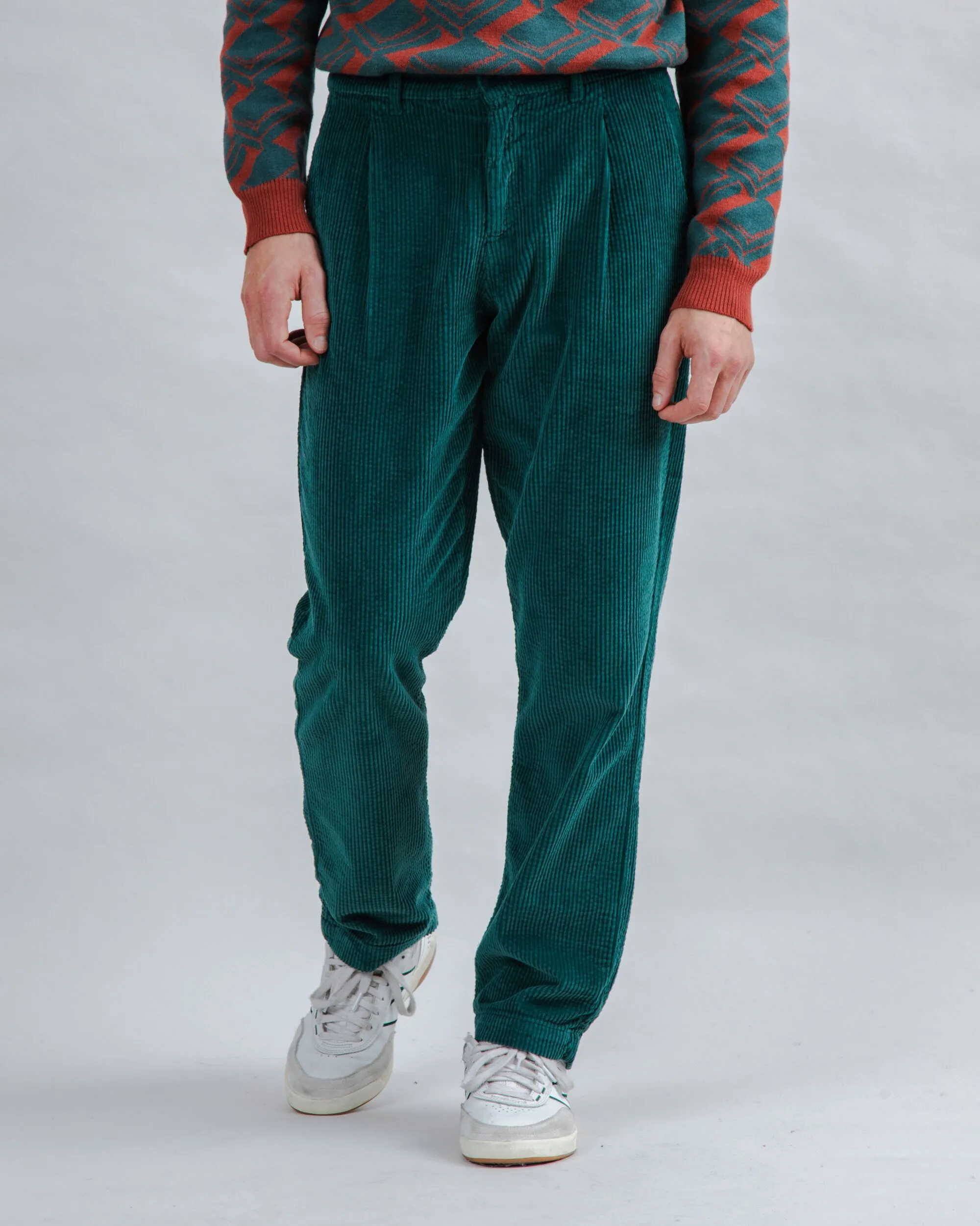 smooth zipper Corduroy Pleated Chino Pants Forest Green