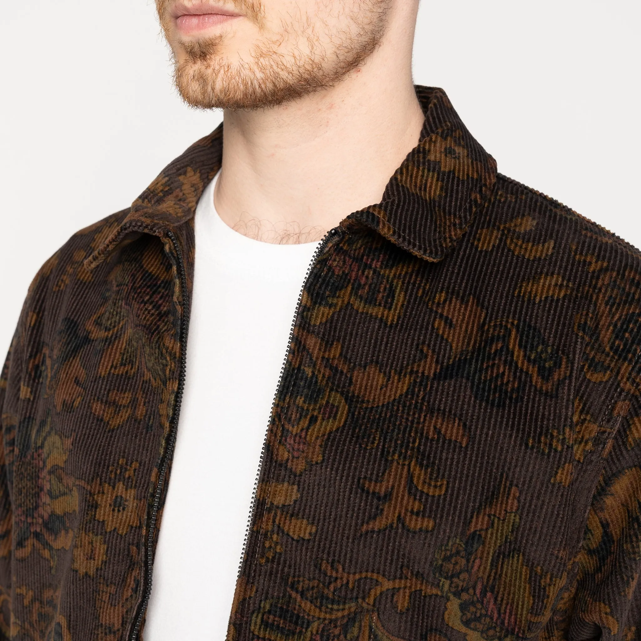 Sport Inspired Style Stretchable Waistband Zip Jacket - Paisley  Corduroy - Brown