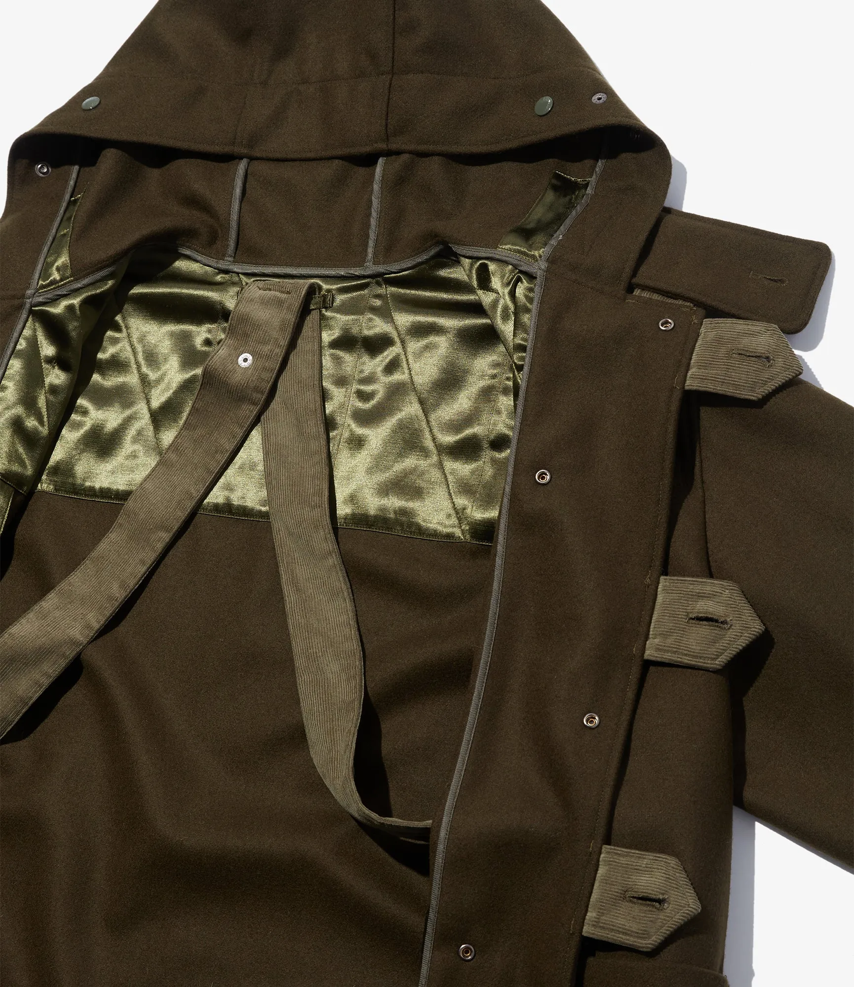 Duffle Coat ?C Olive 24oz Melton Wool Laser Cut Airflow Vents Reinforced Zippers