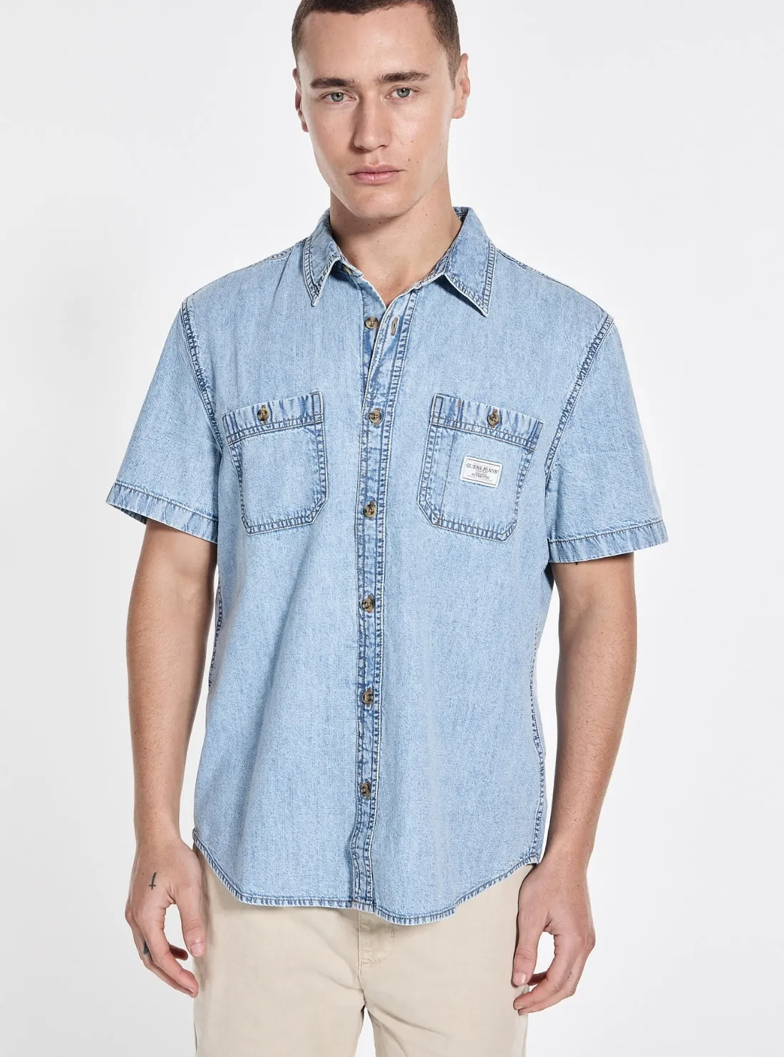 Simple Fit Anti Static Treatment Guess Jeans Blue Regular Denim Shirt