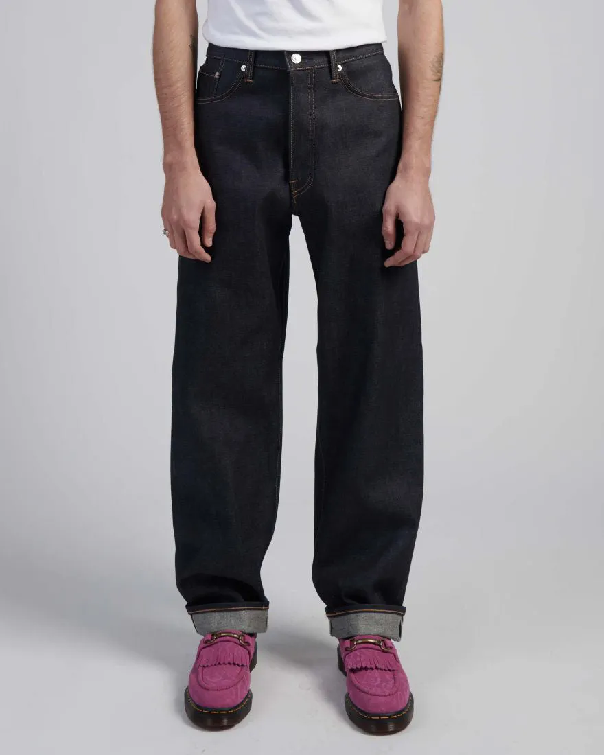 Edwin Made In Japan Loose Fit Mens Jeans - 13.5oz Kaihara Pure Indigo Rainbow Selvage Denim / Blue Unwashed Brunch Outfit Traveler Gear Affordable Neutral Holiday Vibes