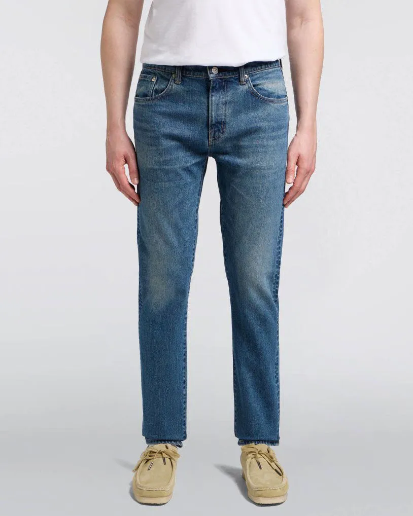 Sporty Look Vintage Lover Teen Outfit Edwin Made in Japan Slim Tapered Mens Jeans - 13oz Kaihara Pure Indigo Stretch Denim / Blue Mid Used