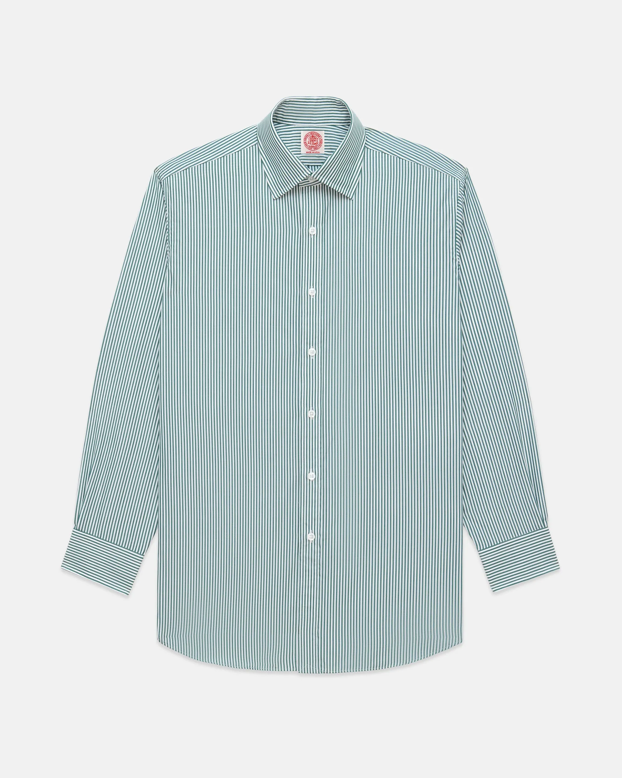 Smart Casual Made-in-USA Thomas Mason Green Bengal Stripe Spread Collar Dress Shirt - Regular Fit