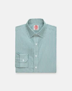 Trendy Fit Made-in-USA Thomas Mason Green Bengal Stripe Spread Collar Dress Shirt - Regular Fit