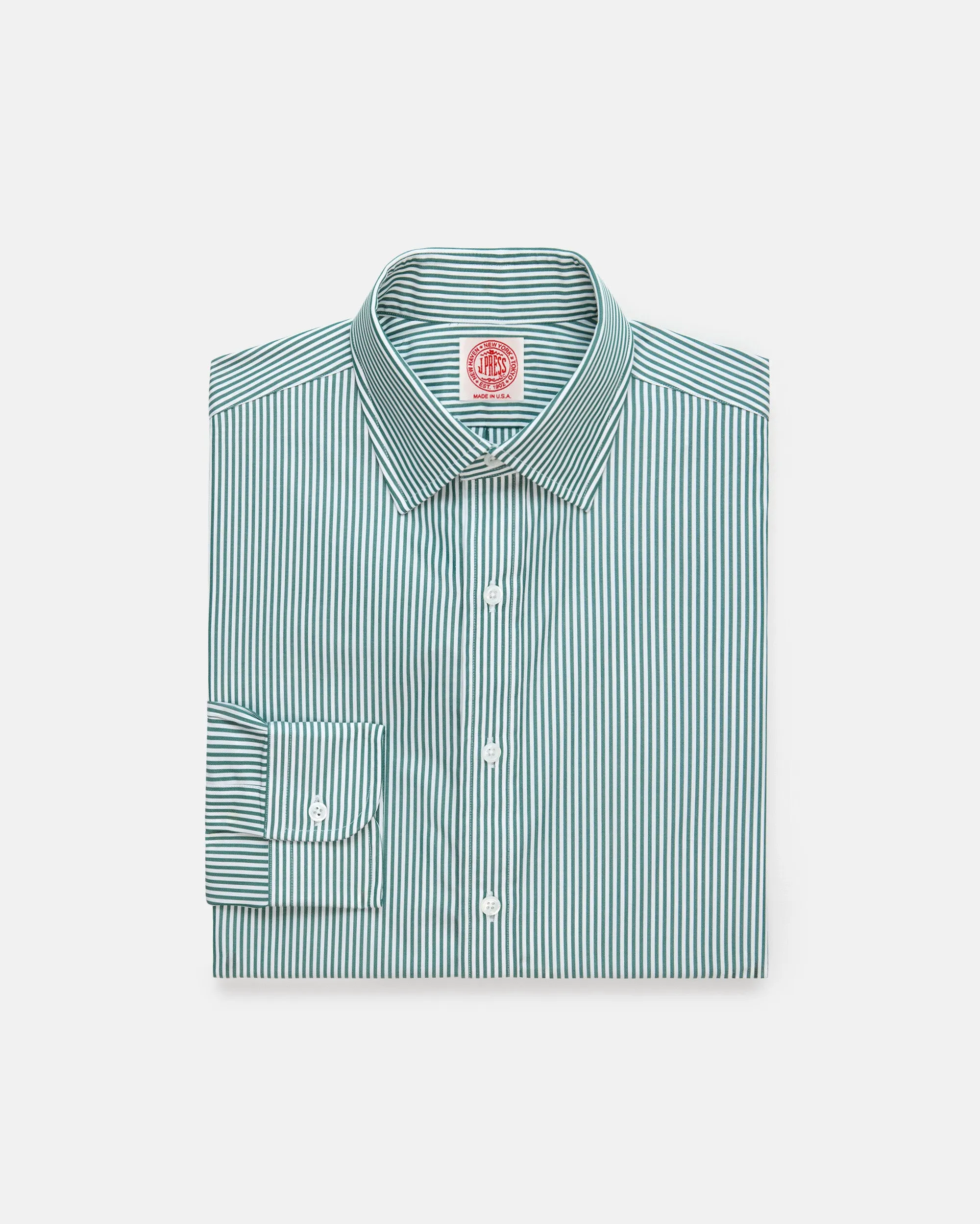 Made-in-USA Thomas Mason Green Bengal Stripe Spread Collar Dress Shirt - Regular Fit Spring Collection