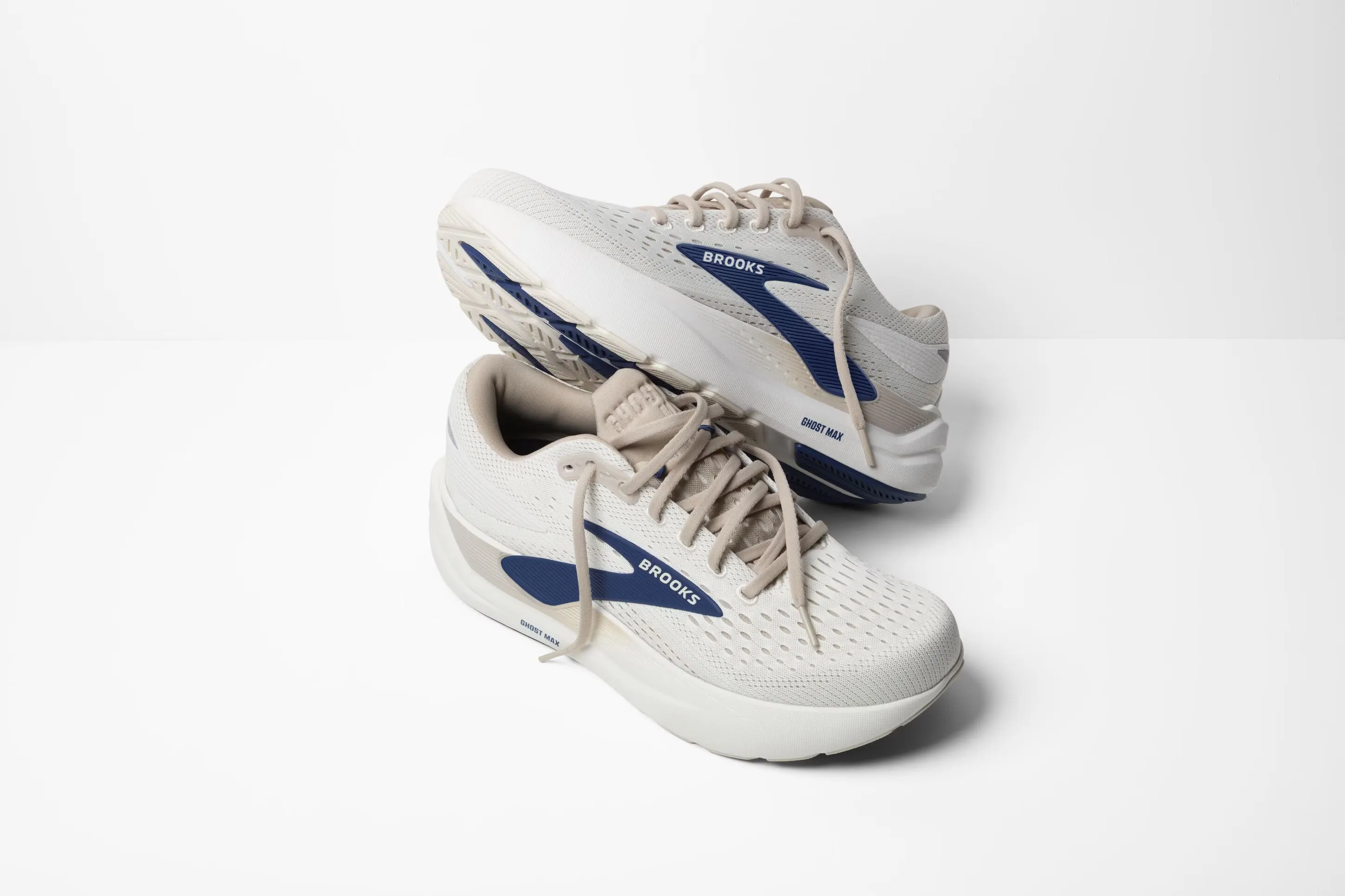 Men's Brooks Ghost Max 3 Road Running Shoe in Coconut/Chateau/Navy running in a arch bridge area shoes Arch support structure