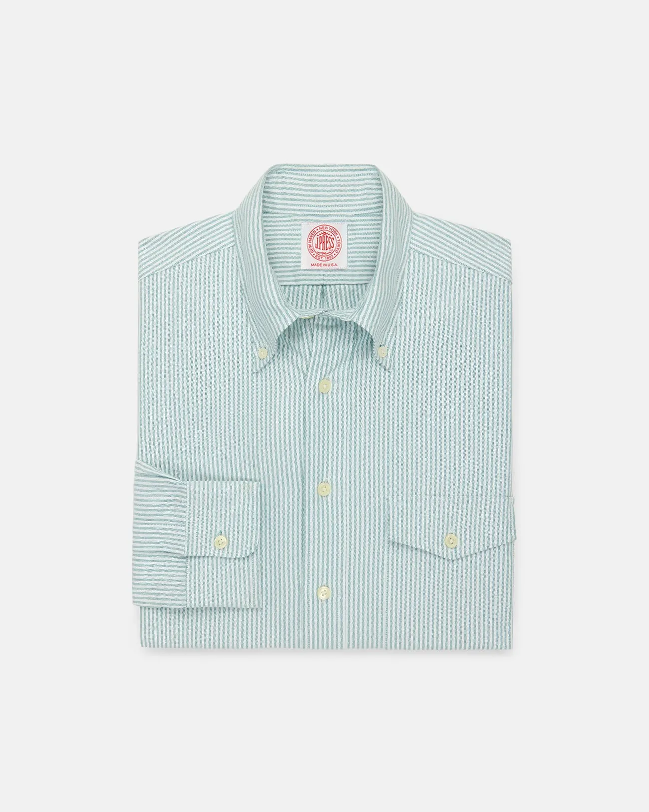 Made-in-USA Flap Pocket Green University Stripe Oxford Cloth Shirt - Classic Fit Seamless construction Designer Look