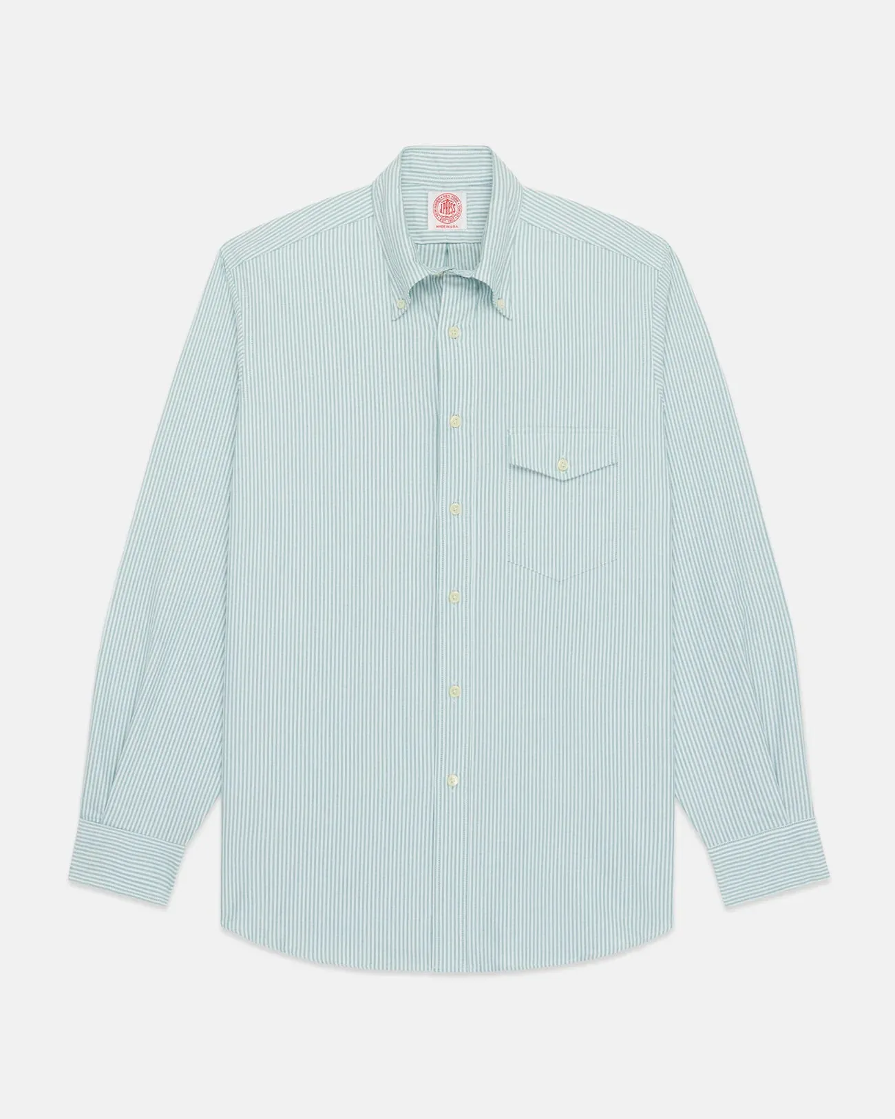 Made-in-USA Flap Pocket Green University Stripe Oxford Cloth Shirt - Classic Fit Sustainable Material
