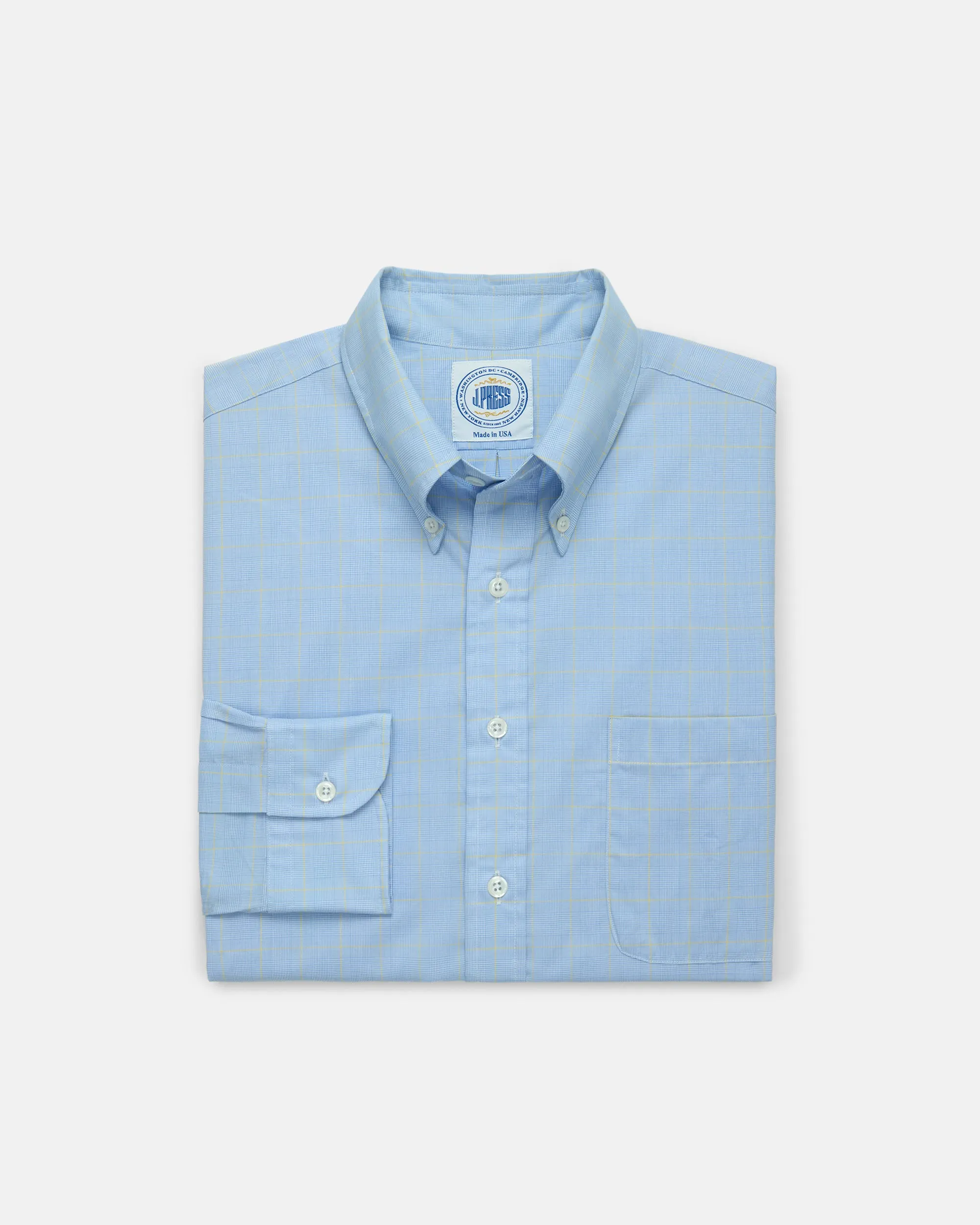 Made-in-USA Thomas Mason Blue & Yellow Glen Plaid Button Down Shirt - Regular Fit High Neck